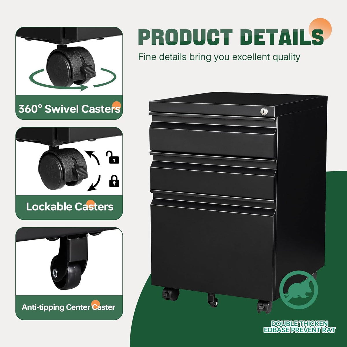 Collage of product details highlighting 360° swivel casters, lockable wheels and center anti-tipping caster