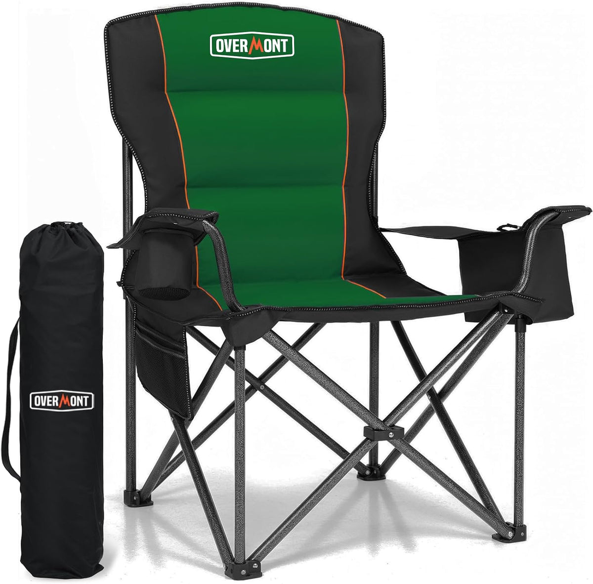Front view of a green and black padded folding camping chair with cup holder and carry bag standing beside it.