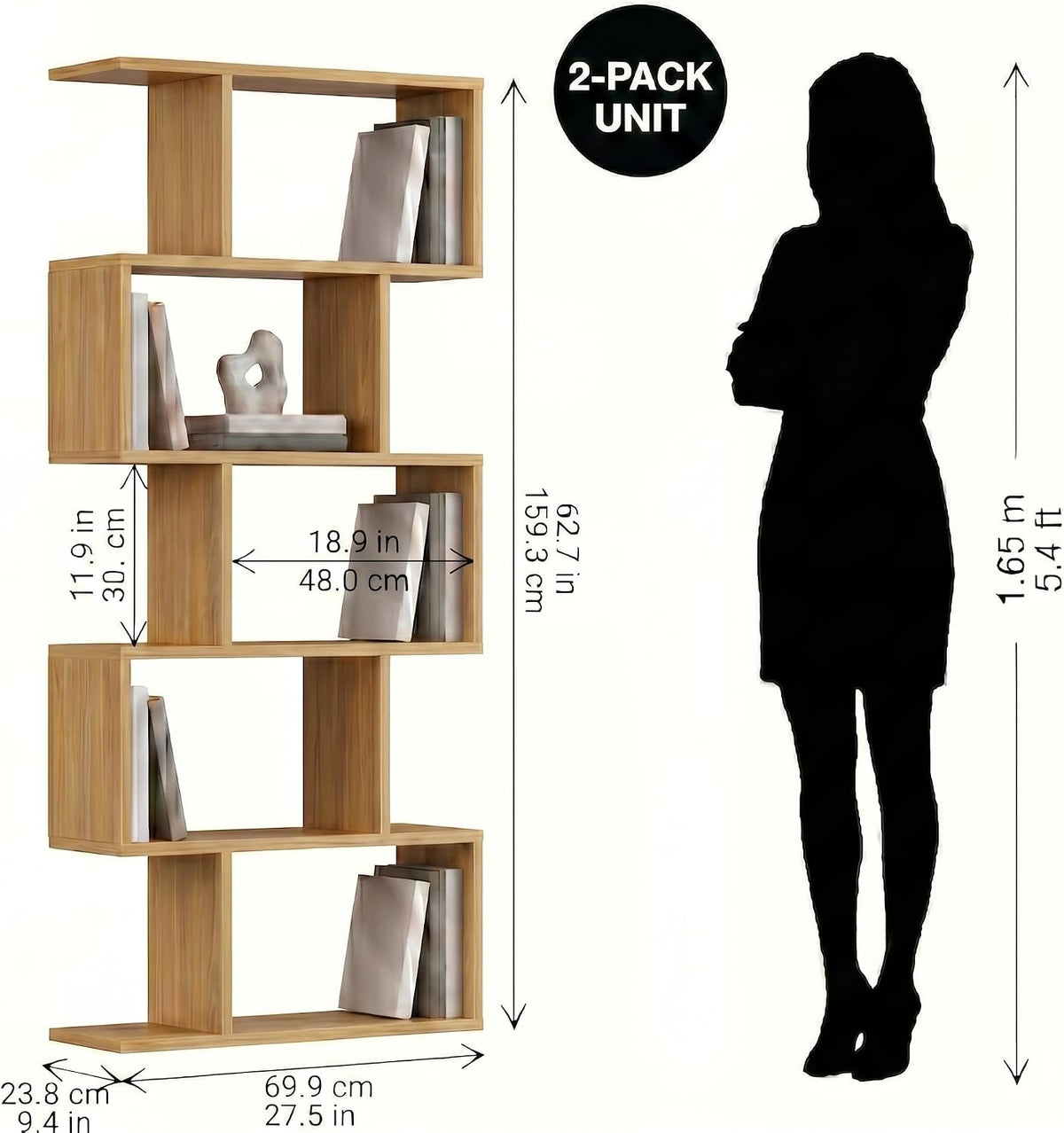 Single S-shaped bookcase in oak finish with dimension callouts and a human silhouette for scale