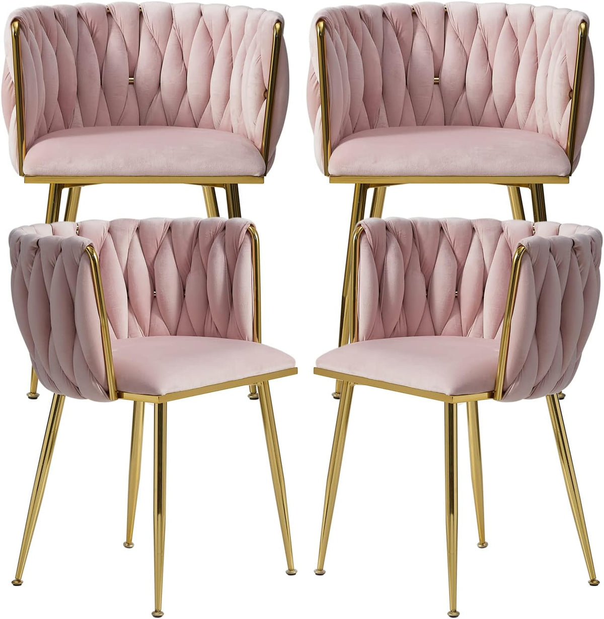 Four light pink velvet dining chairs with quilted barrel backs and gold metal legs, front view