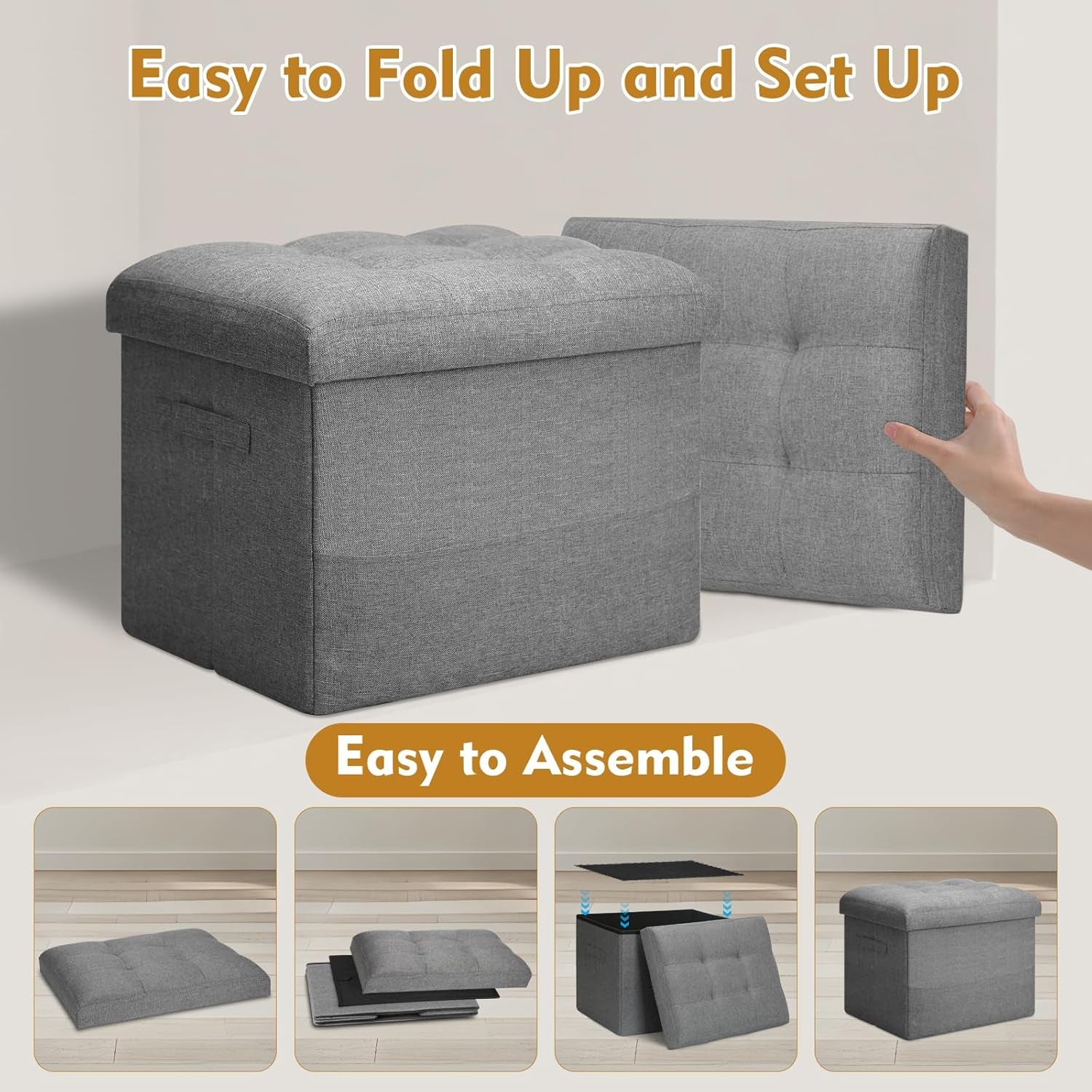 Gray ottoman and detached tufted lid demonstrating how the unit folds and assembles