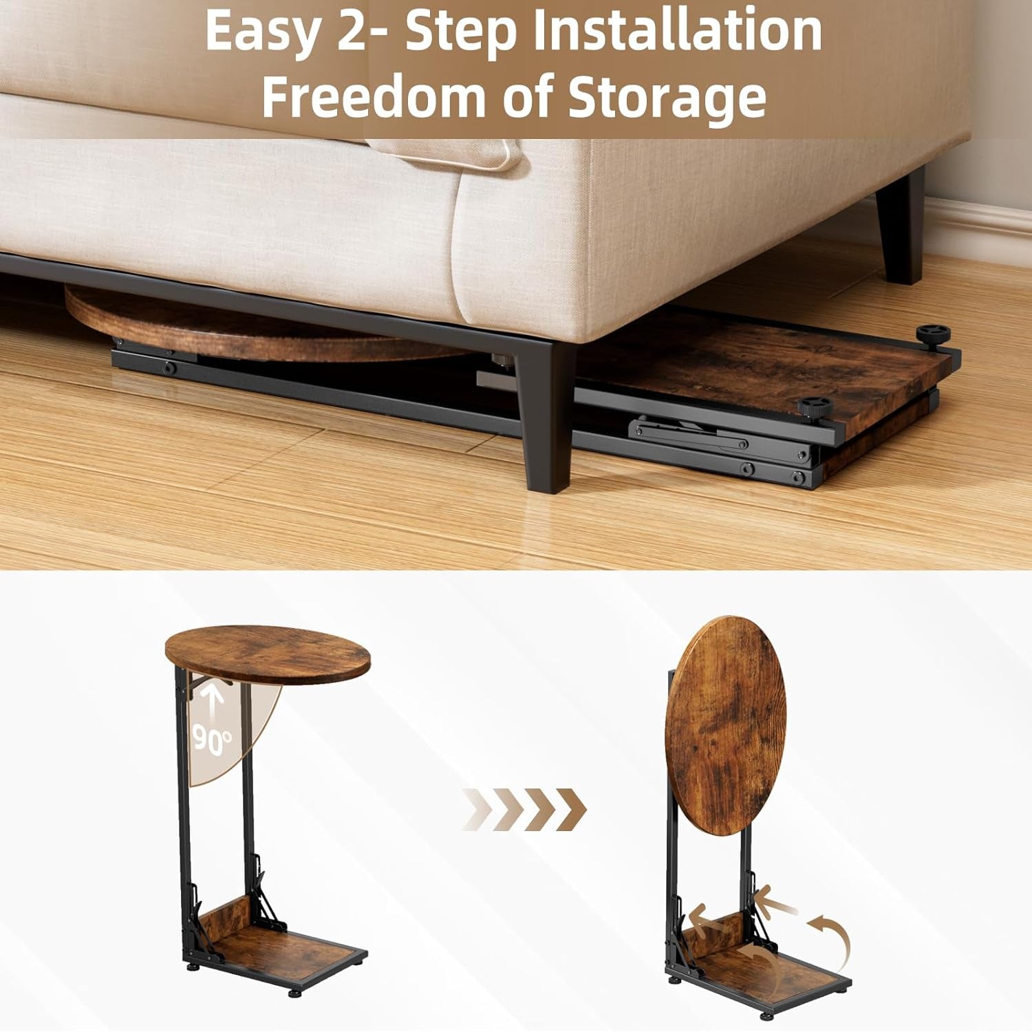 Close-up showing the table folded flat under a sofa and a two-step graphic illustrating the top rotating up and the base