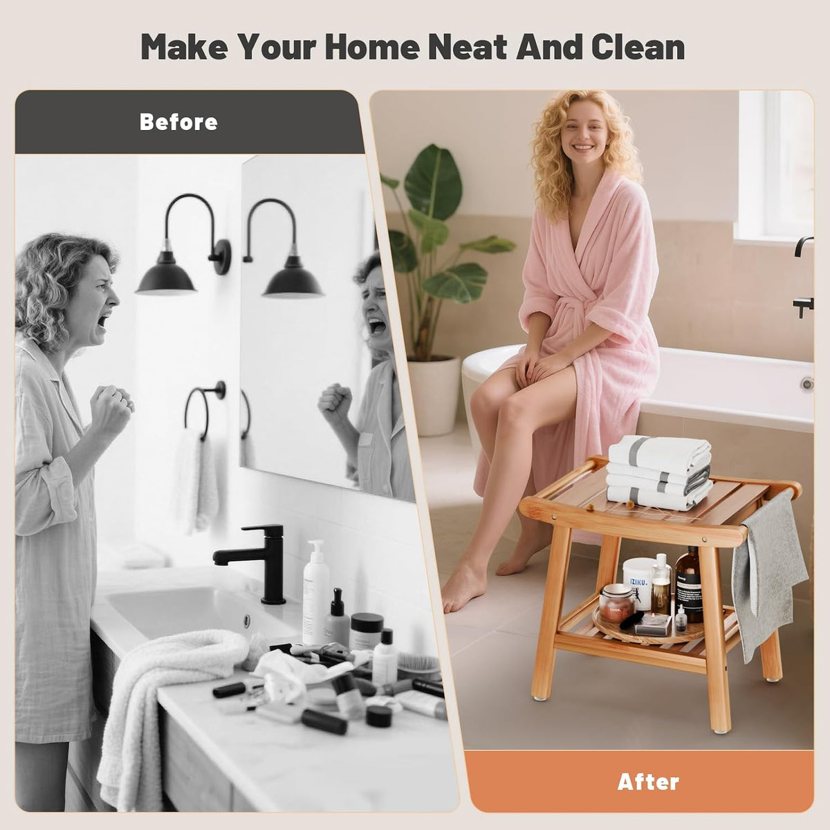 Comparison-style image showing the bamboo bench in a tidy bathroom setting contrasted with a generic bench graphic
