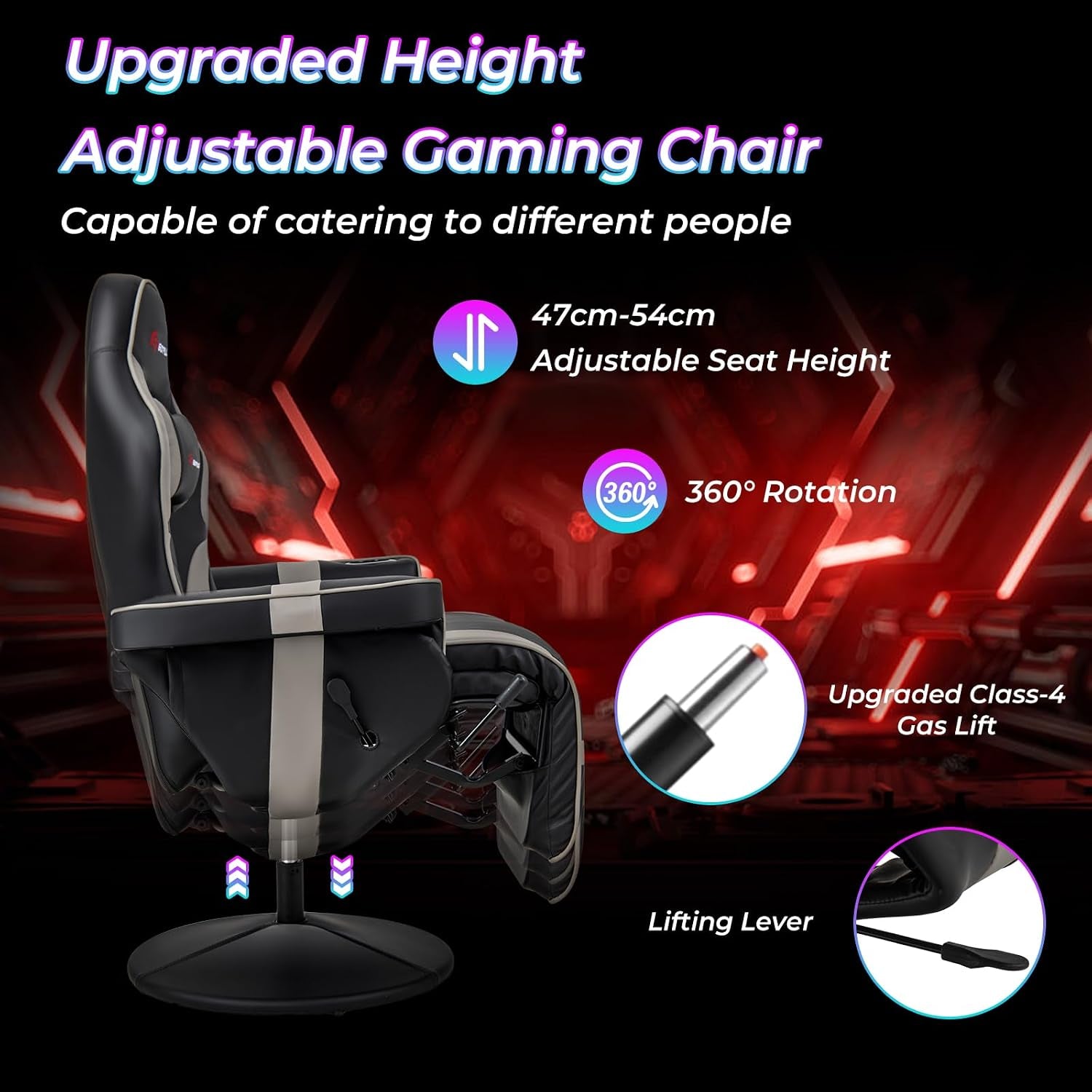 Side view highlighting the chair's adjustable seat height, 360° swivel round base and lifting lever