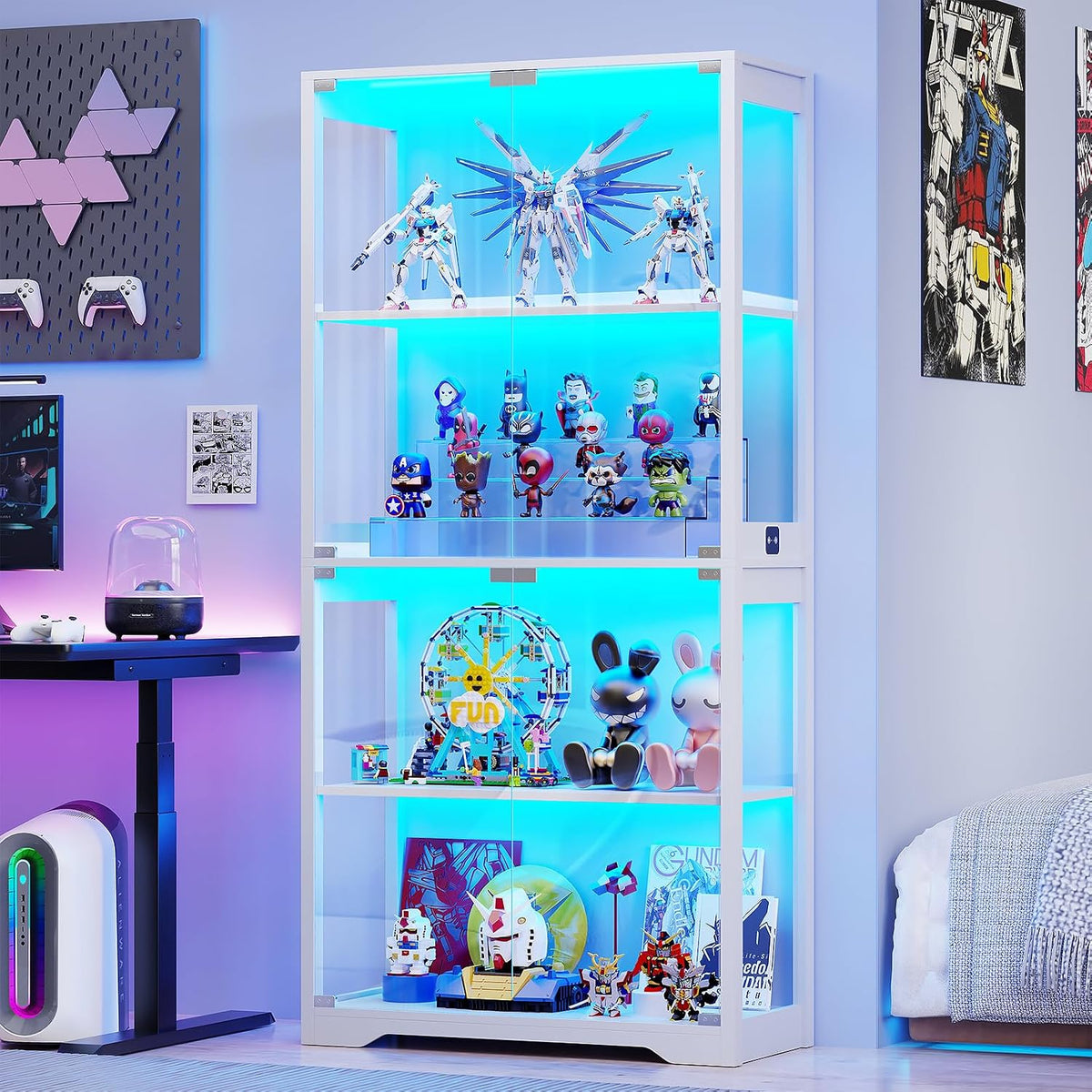 Tall four-shelf white display cabinet with blue interior lighting, holding collectible figures and models.
