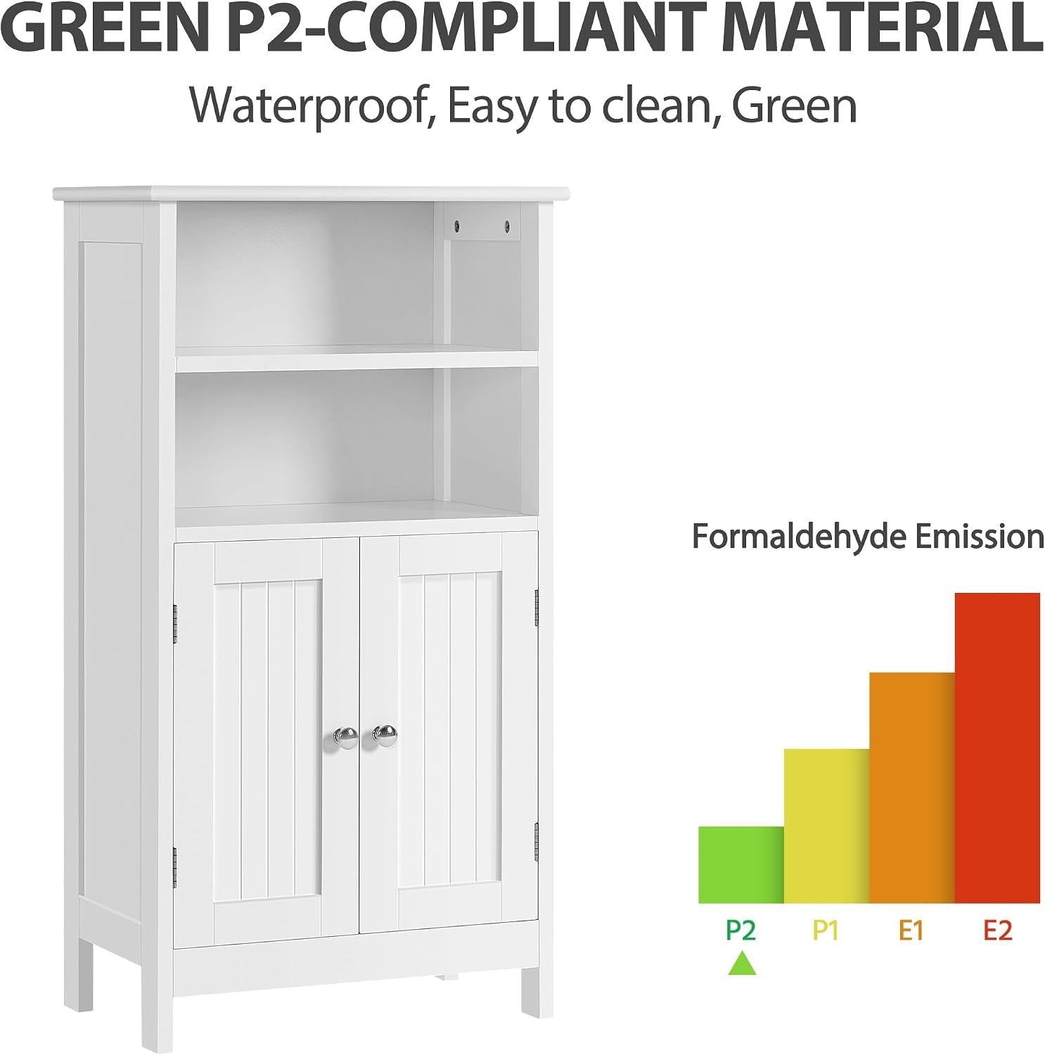 Tall white freestanding bathroom cabinet with two open shelves above beadboard double doors.