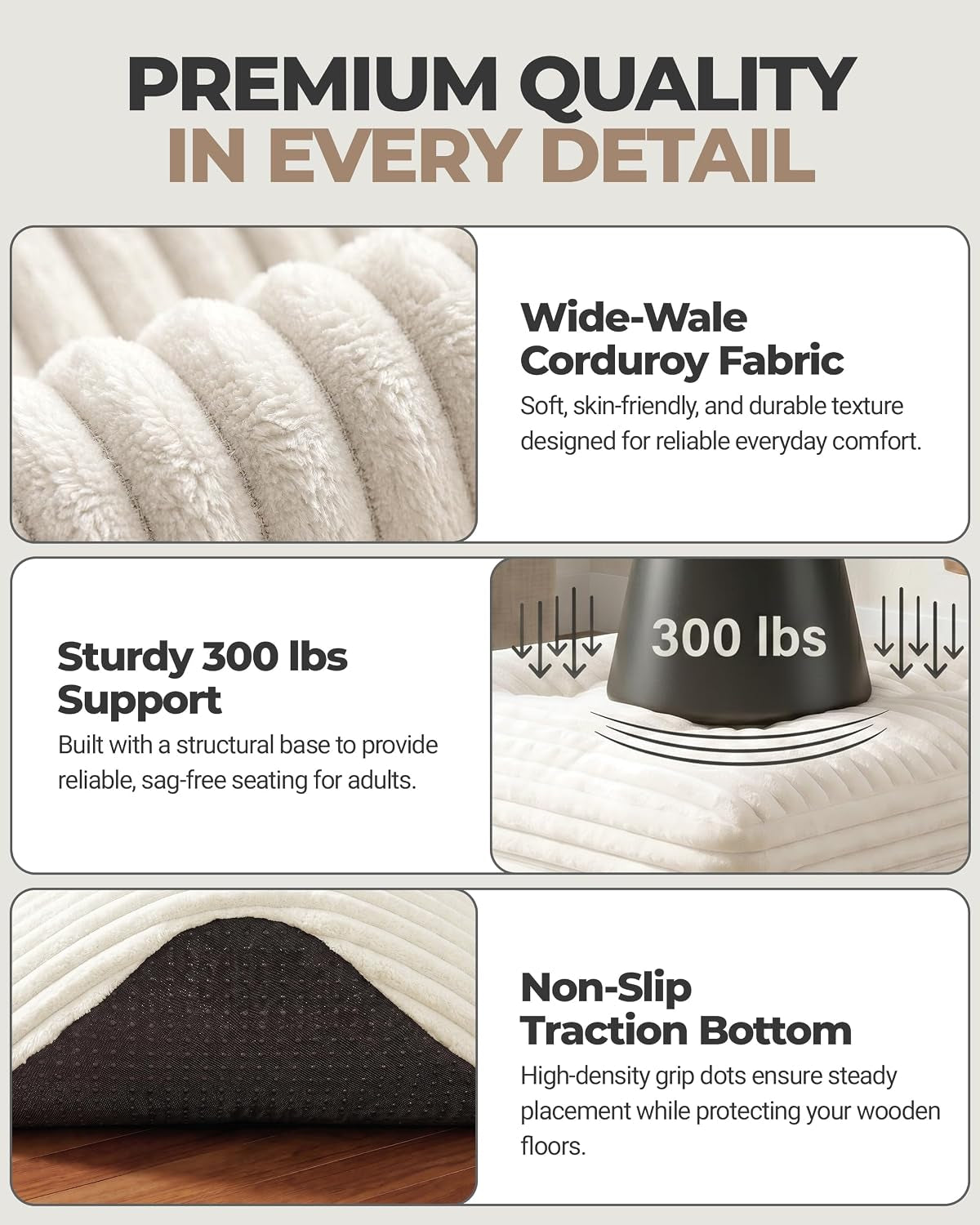 Close-up of wide-wale corduroy texture, non-slip traction bottom, and supportive top surface details