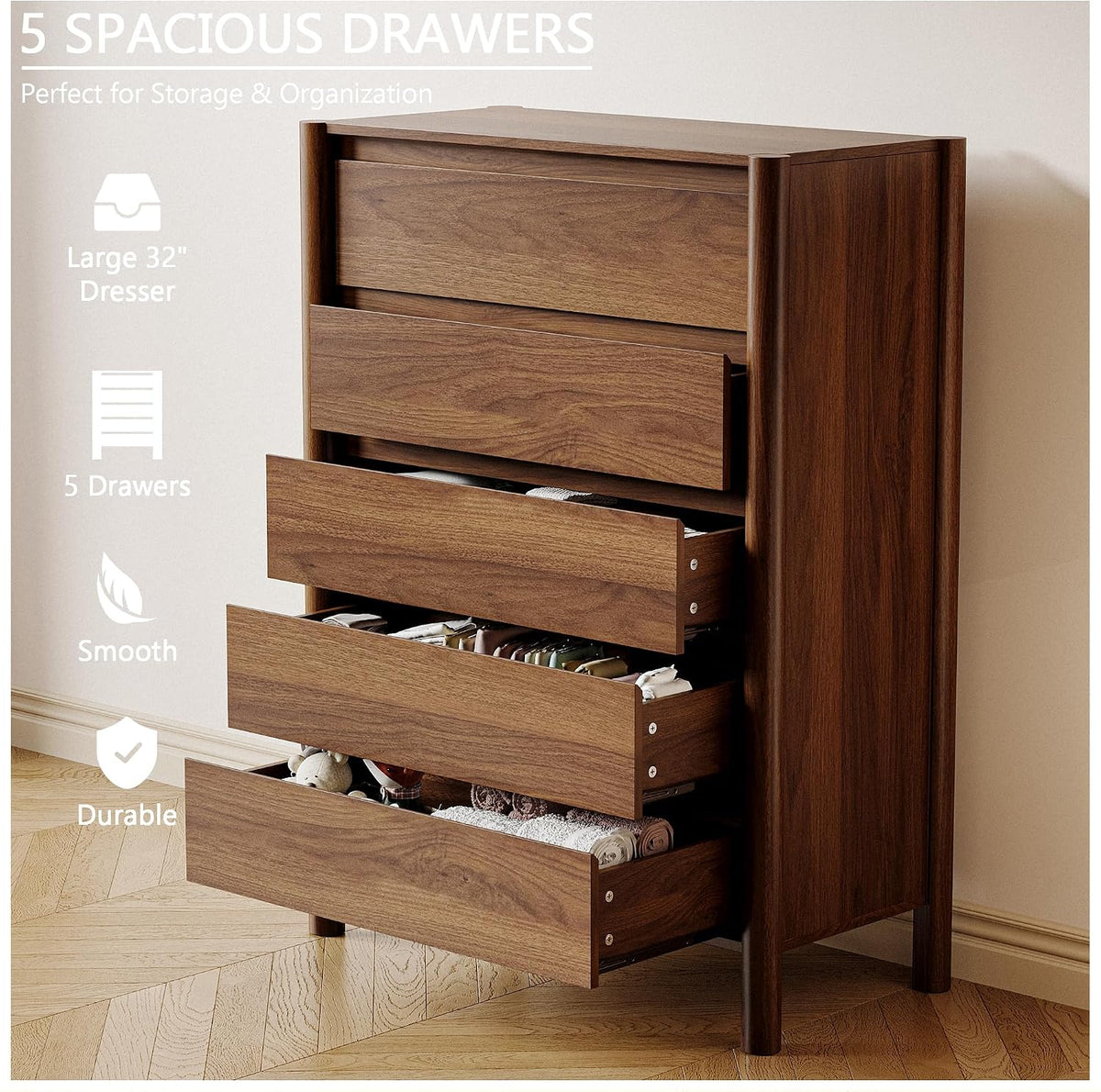 Wide dresser with nine drawers open showing smooth-glide metal rails and roomy storage in a walnut finish.
