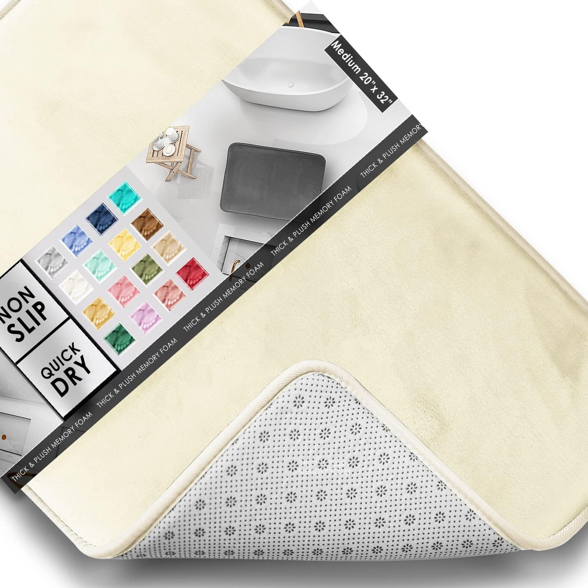 Angled close-up of an off-white rug with its corner flipped to show dotted non-slip backing and a colorful swatch panel.