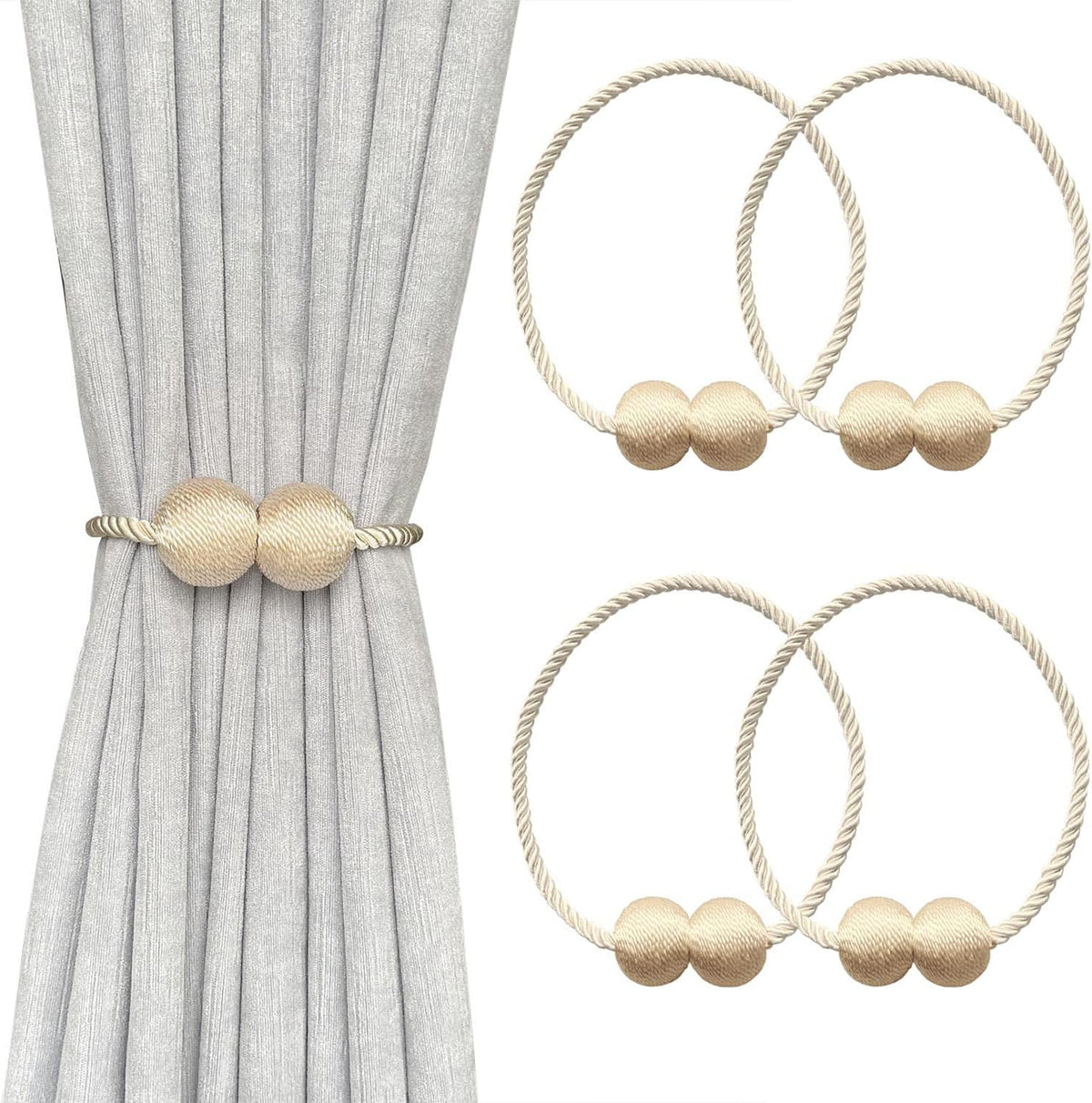 Gray curtain gathered by a beige rope tieback with two gold-tone balls; two beige tieback loops shown to the right.