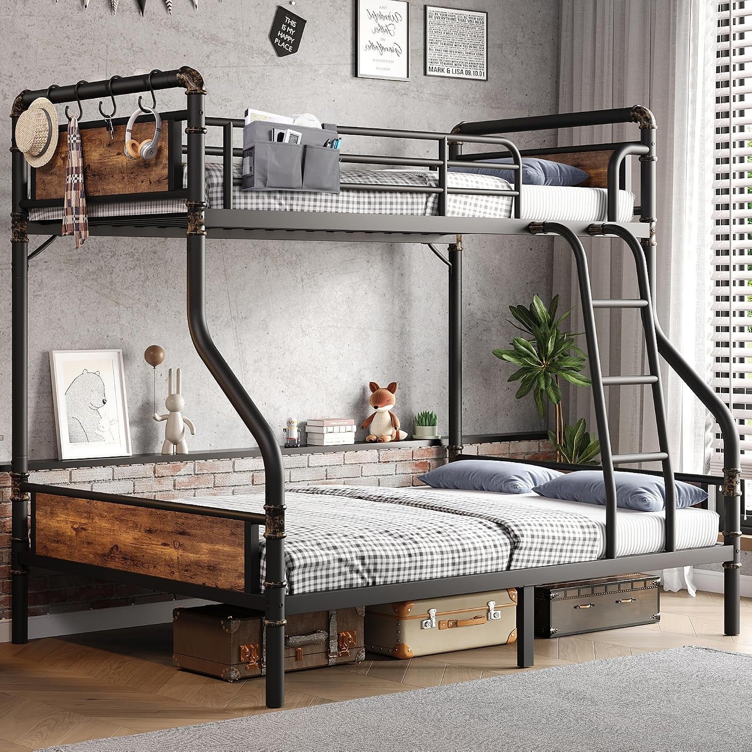 Angled view of bunk bed showing curved ladder, top guard rails, and wood-effect head/foot panels.