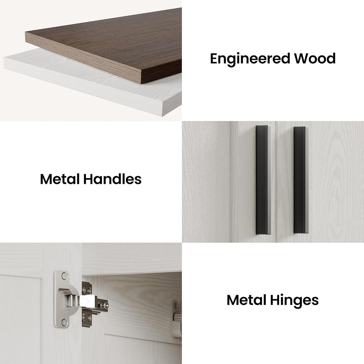 Engineered wood top detail with contrasting finish and black metal vertical handles plus a close view of metal hinge hardware