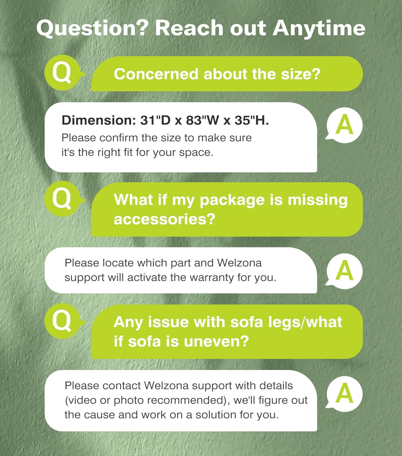 Green textured background with Q&A style speech bubbles about product questions and sizing.