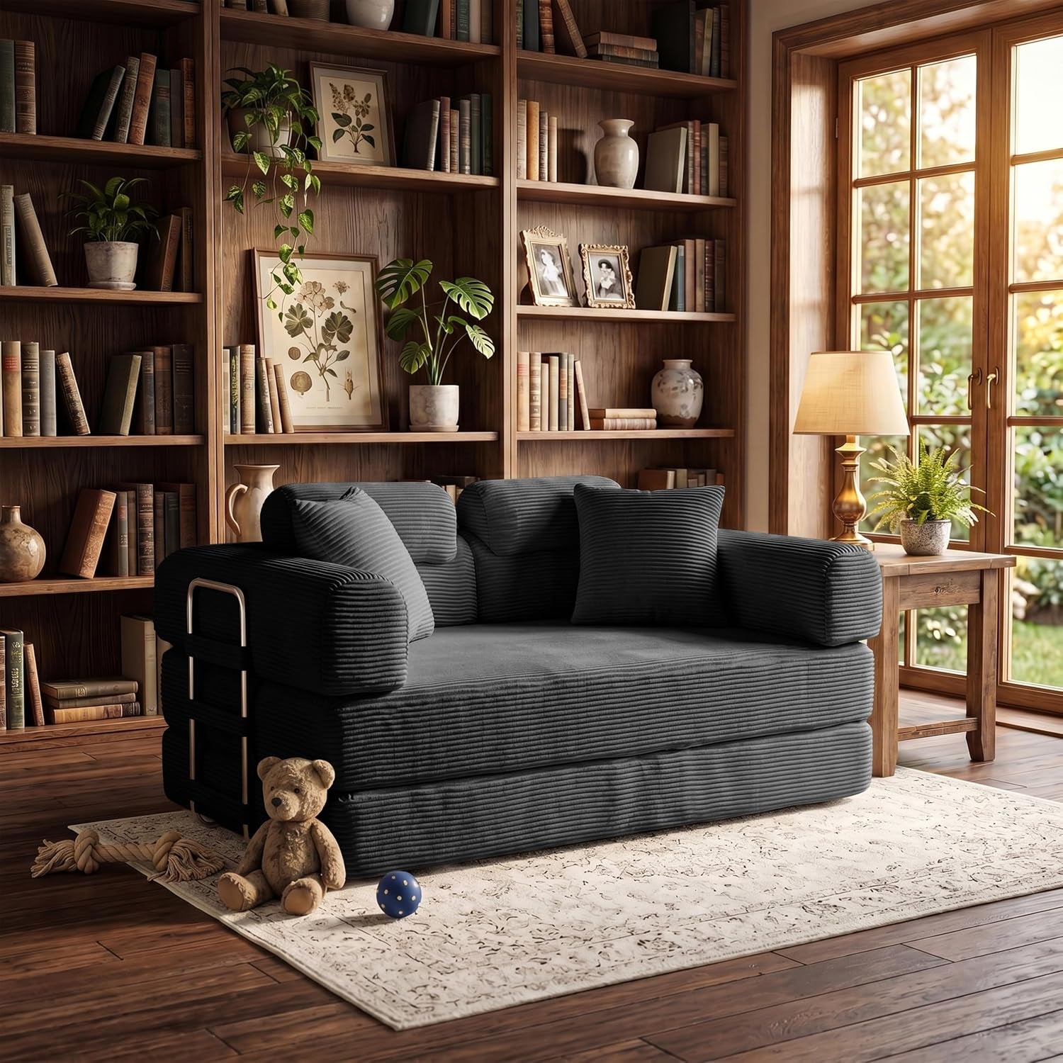 Dark gray convertible loveseat in a wood-paneled library setting with a teddy bear on the rug.