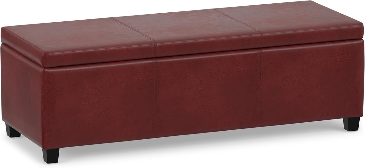 Rich burgundy rectangular lift-top storage ottoman photographed from the front at a slight angle.