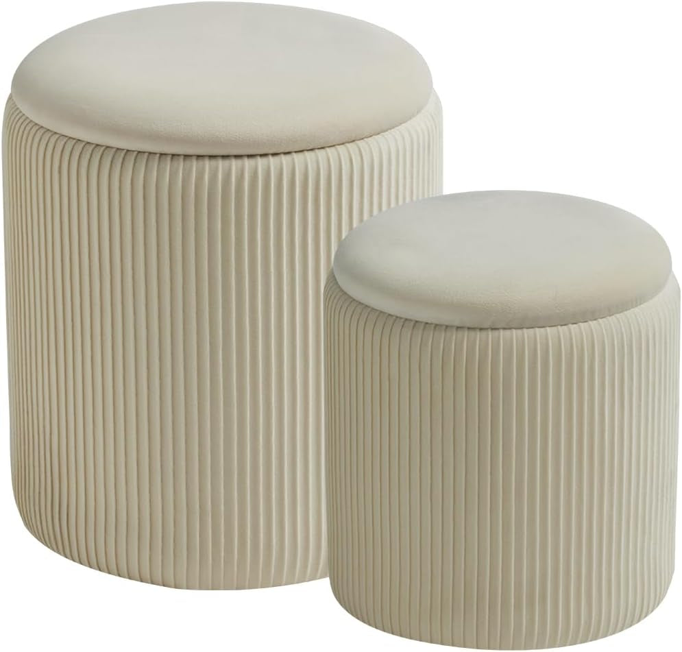 Two cream pleated round ottomans on white background, larger and smaller size shown side by side