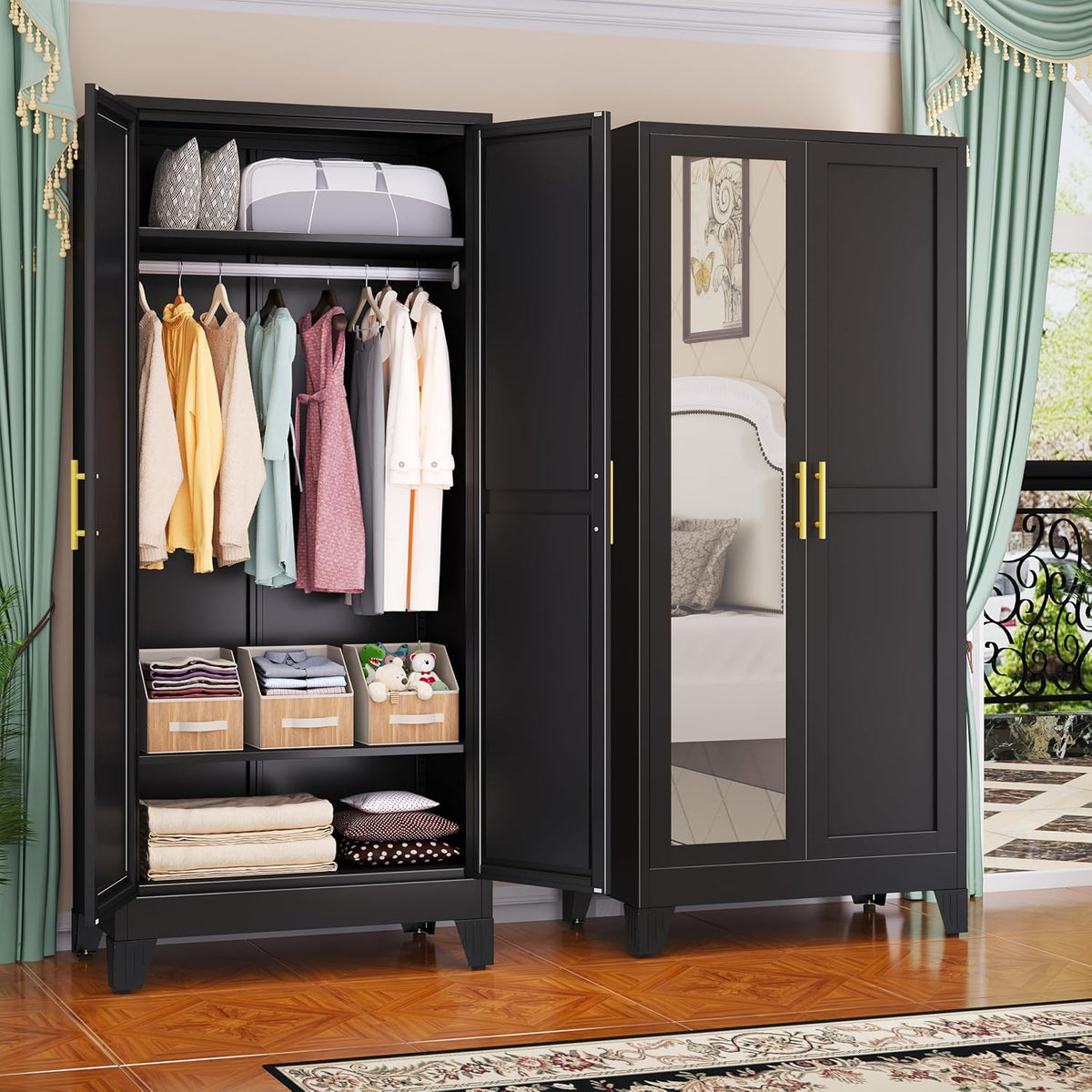 Black two-door metal wardrobe open showing hanging garments, three wooden storage bins on a shelf and folded linens