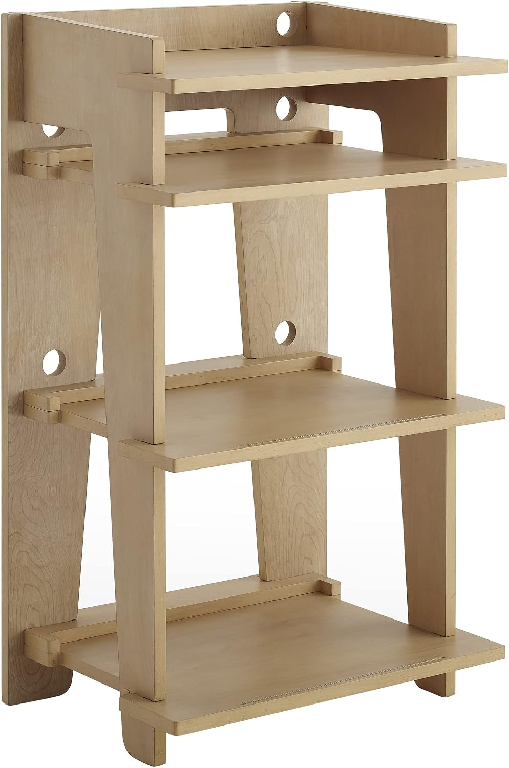 Three-tier record stand in light natural wood finish, front three-quarter view