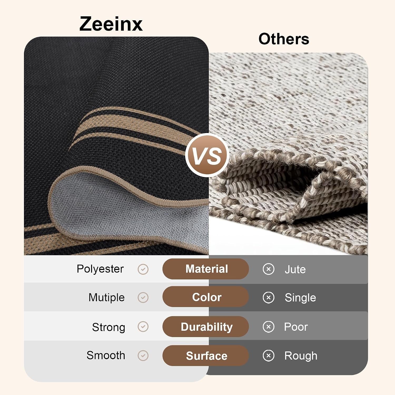 Side-by-side close-up: left a folded black woven rug with beige stripes, right a coarse woven jute sample.