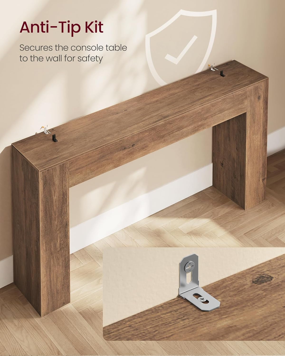 Angled top view of the console table with anti-tip kit hardware installed and inset close-up of the bracket