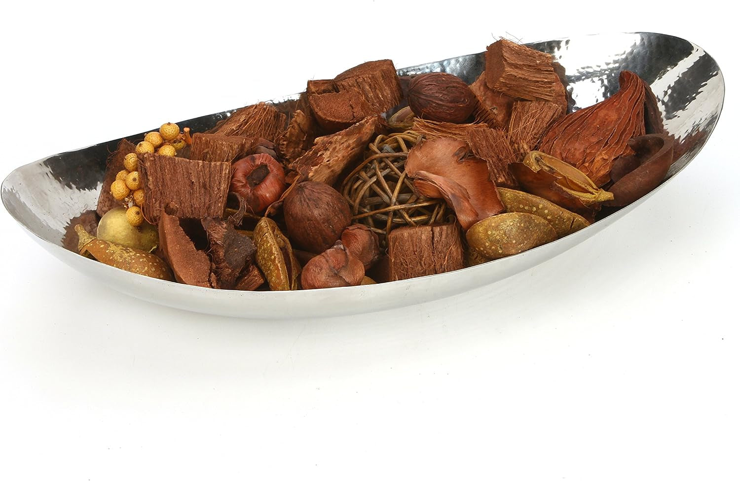 Front-angled view of the oval bowl on white background filled with mixed brown potpourri pieces