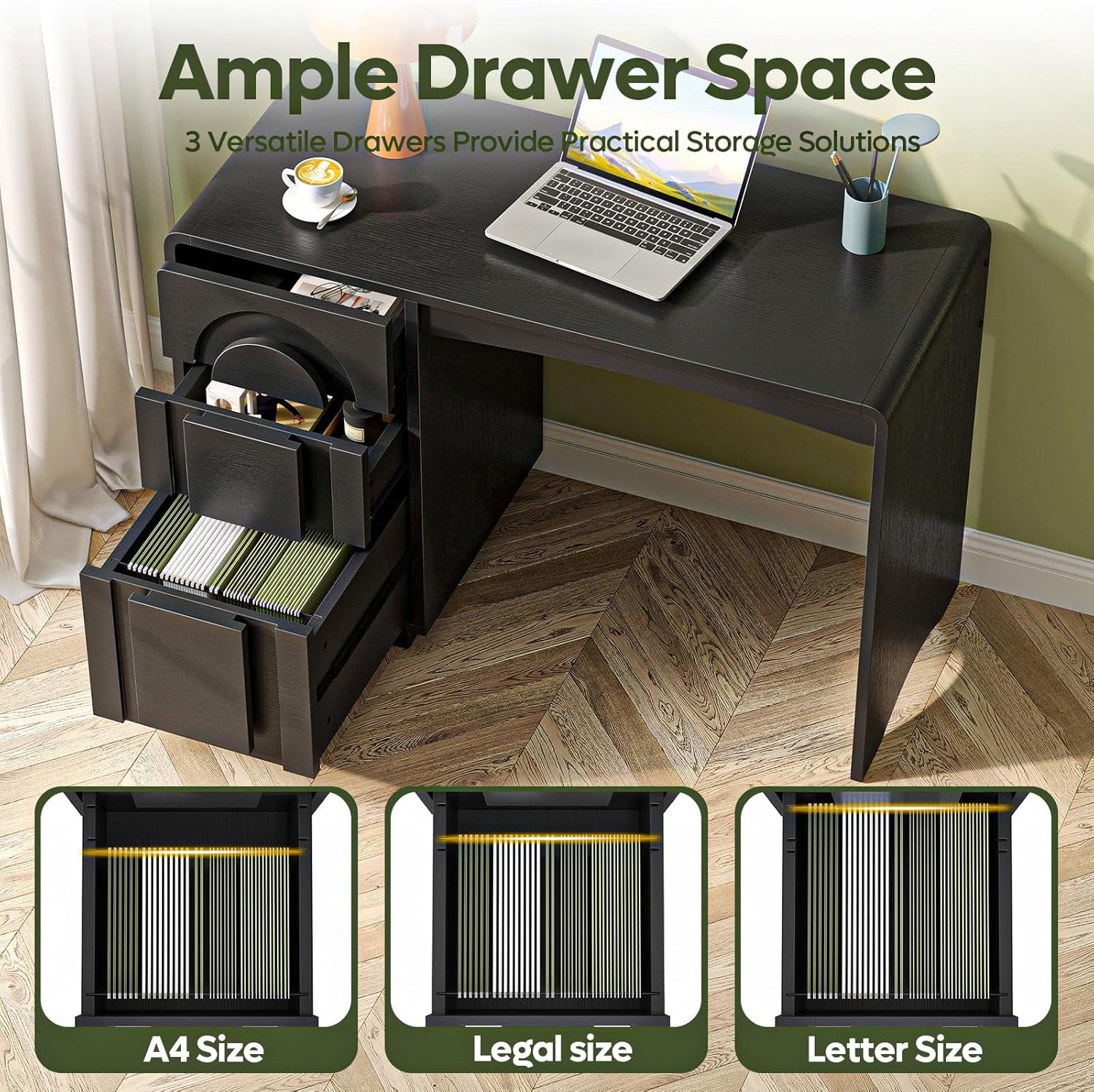 Top-down view of desk with three open drawers showing storage and file drawer holding Letter, Legal and A4 folders