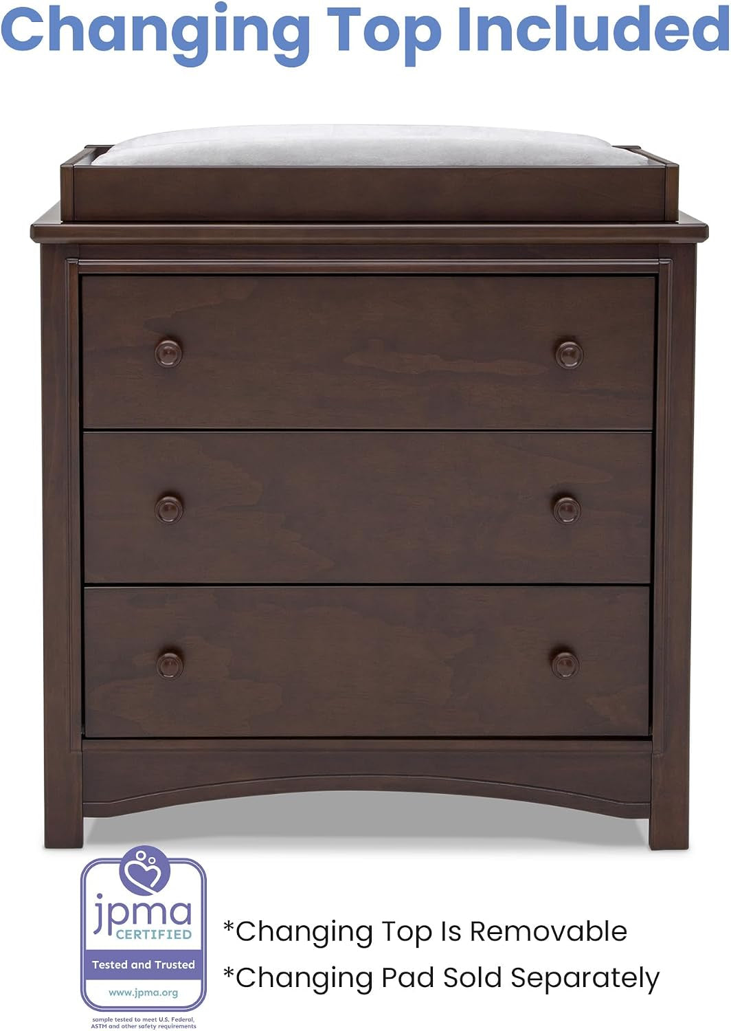 Straight-on view of dresser with removable changing top placed on the surface and three even drawers below.