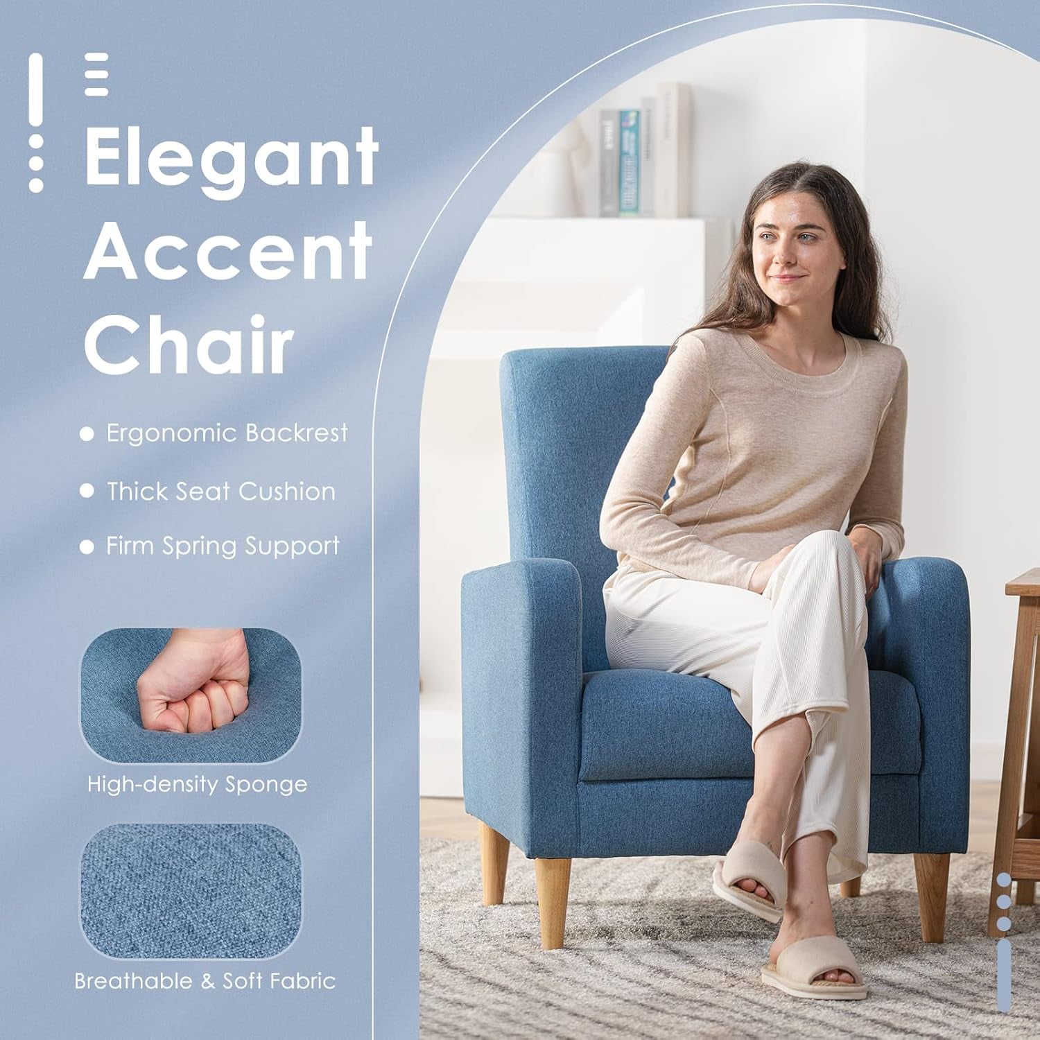 Woman sitting on the blue accent chair in a living room scene with fabric swatch and cushion detail panels.
