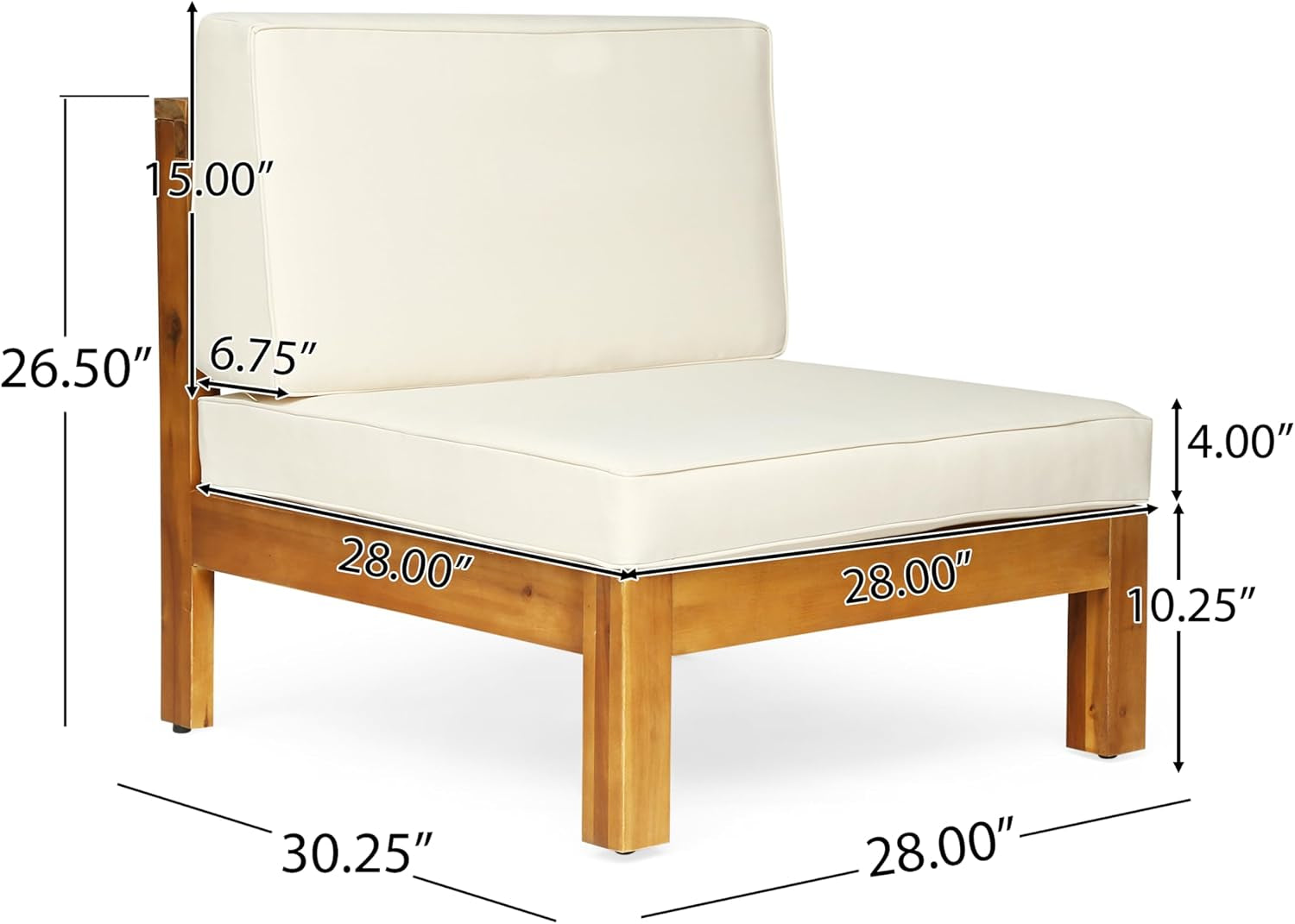 Front three-quarter view of single seat with beige cushions on teak-finish frame and measurement overlays
