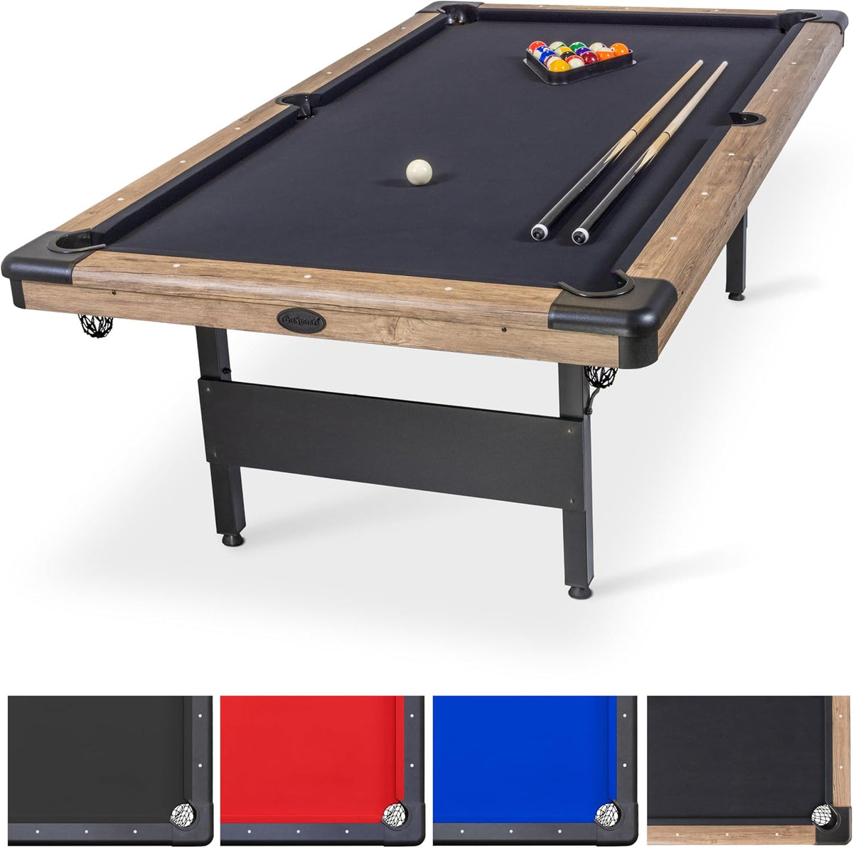 Angled view of a pool table with black felt and light wood rails, two cues and a rack of balls
