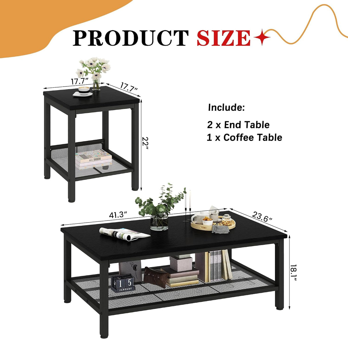 Product diagram showing an end table above a coffee table with measurement callouts and a short list of included pieces.