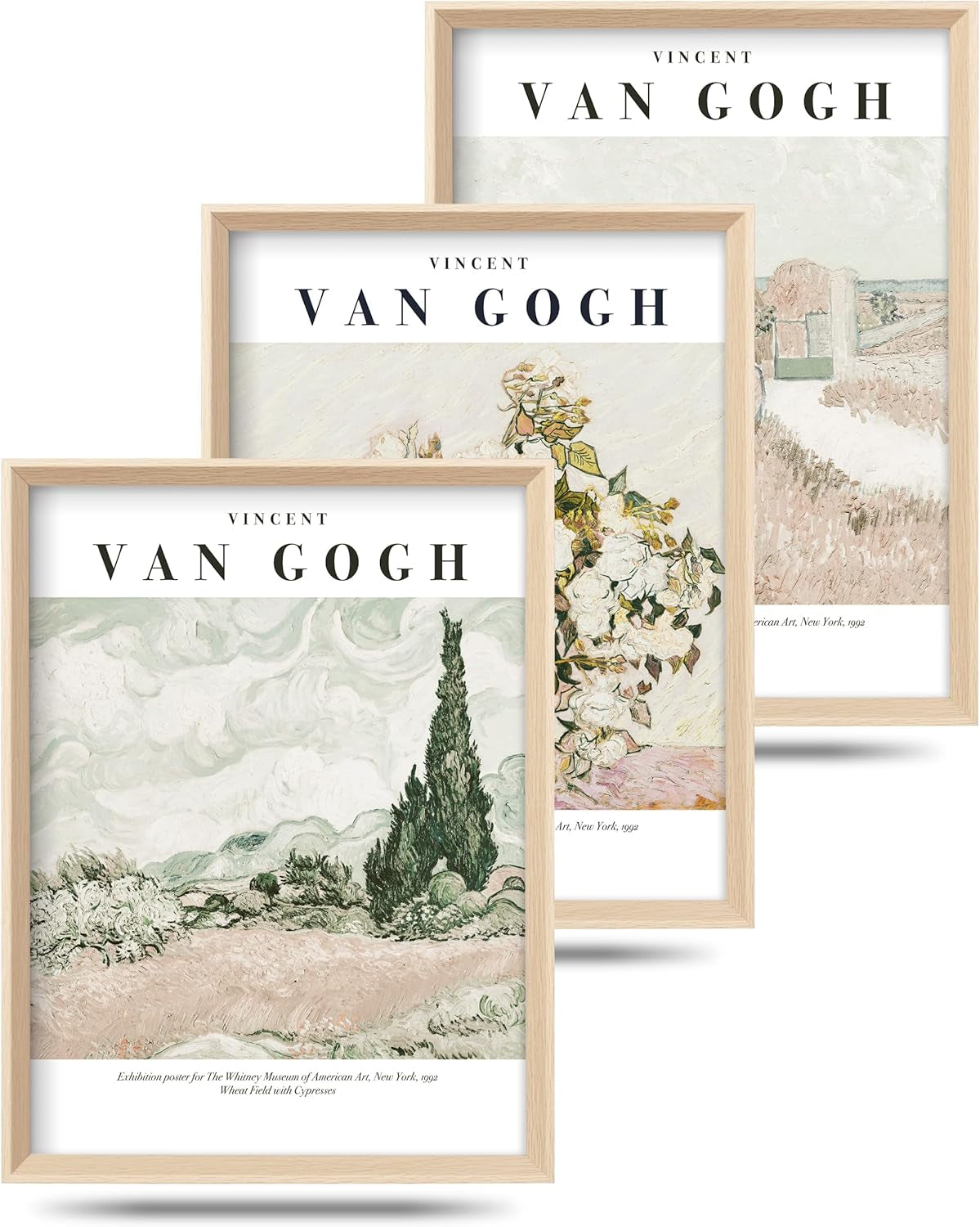 Three stacked framed landscape prints with pale green Van Gogh–style artwork and natural wood frames