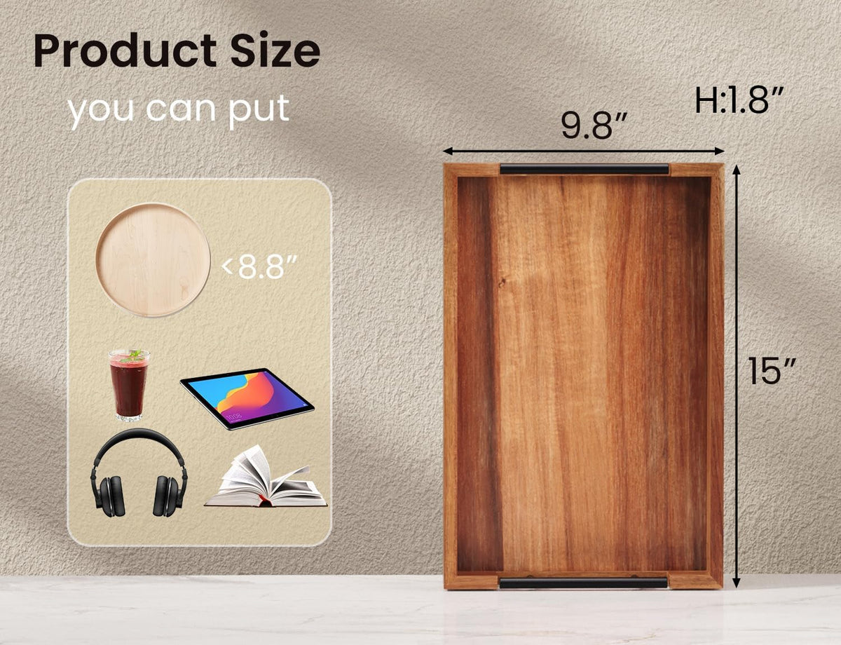 Top-down product graphic of brown acacia tray showing labeled dimensions 15 x 9.8 x 1.8 inches