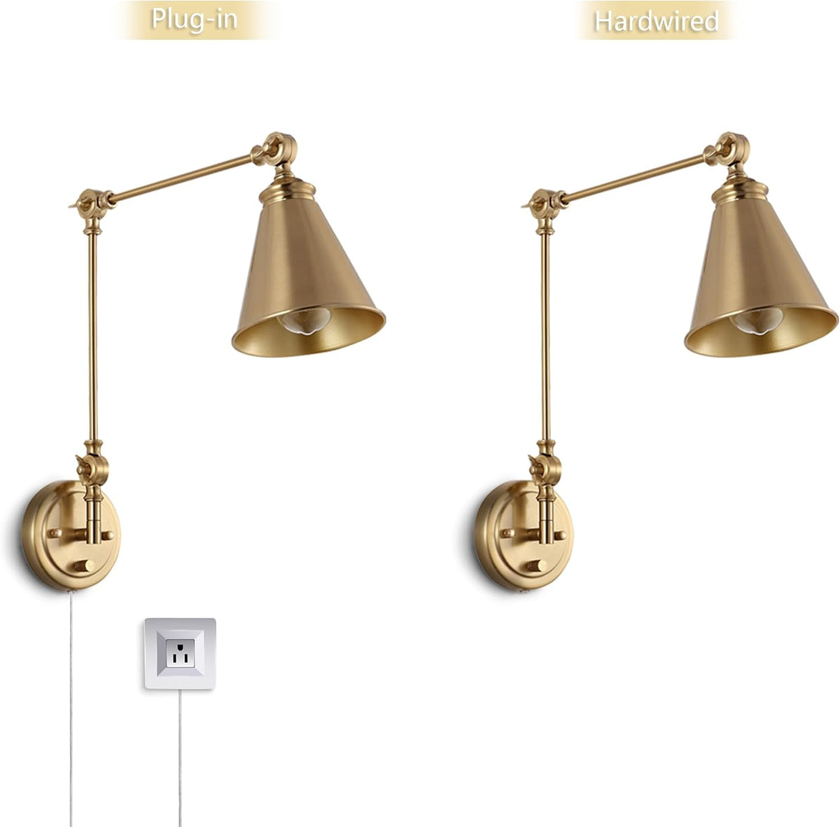 Side-by-side comparison of the brass sconce configured as plug-in with a visible cord and as hardwired without a cord.