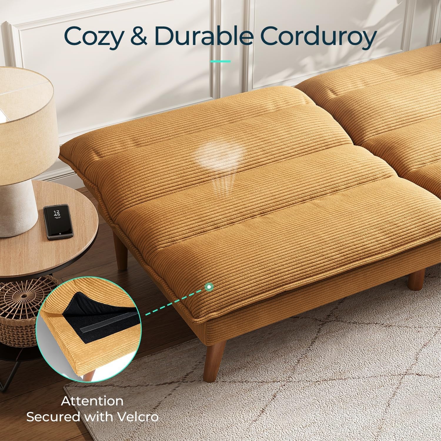 Close-up of corduroy upholstery and tufted cushion surface on the futon set in sofa-bed configuration