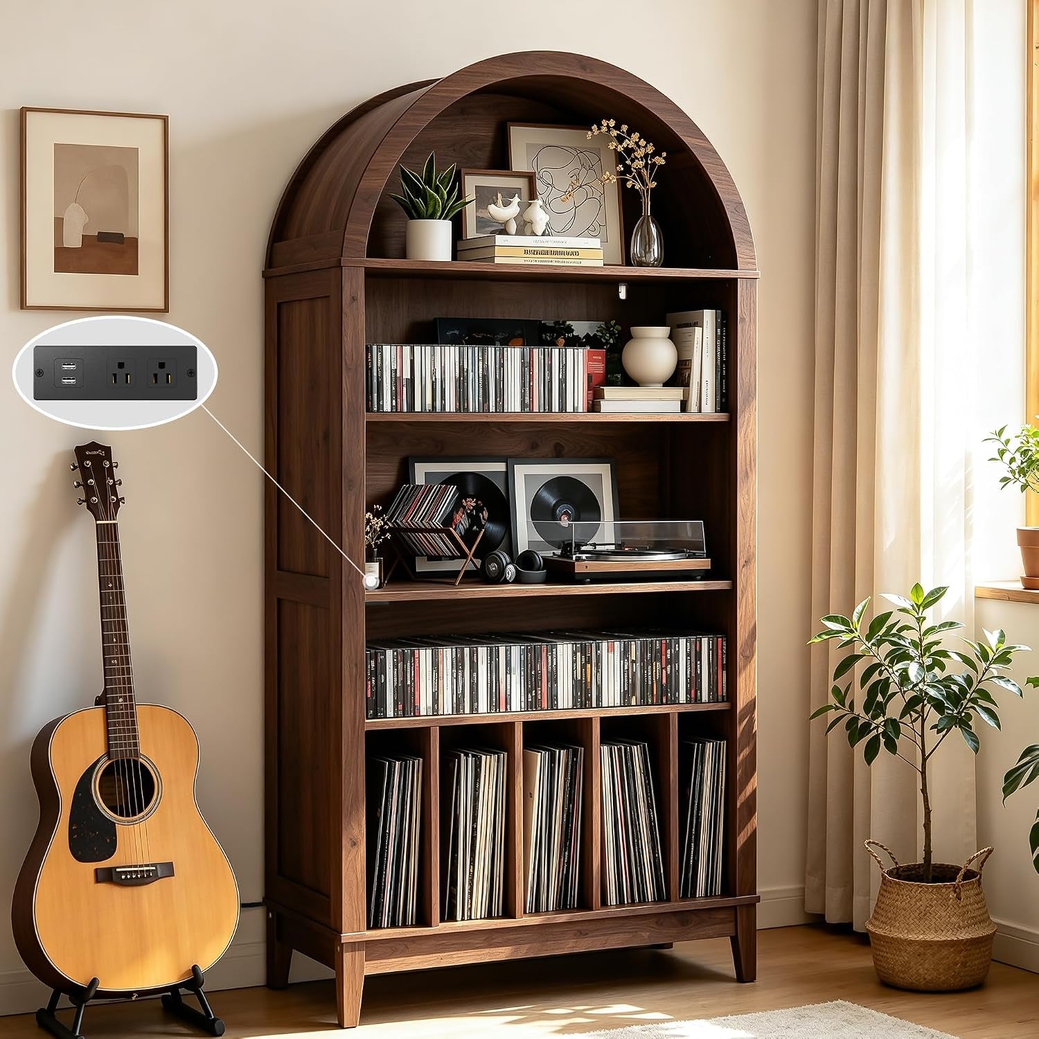 Walnut arched 5-tier record player stand in a styled living room with a guitar and inset zoom on the power strip