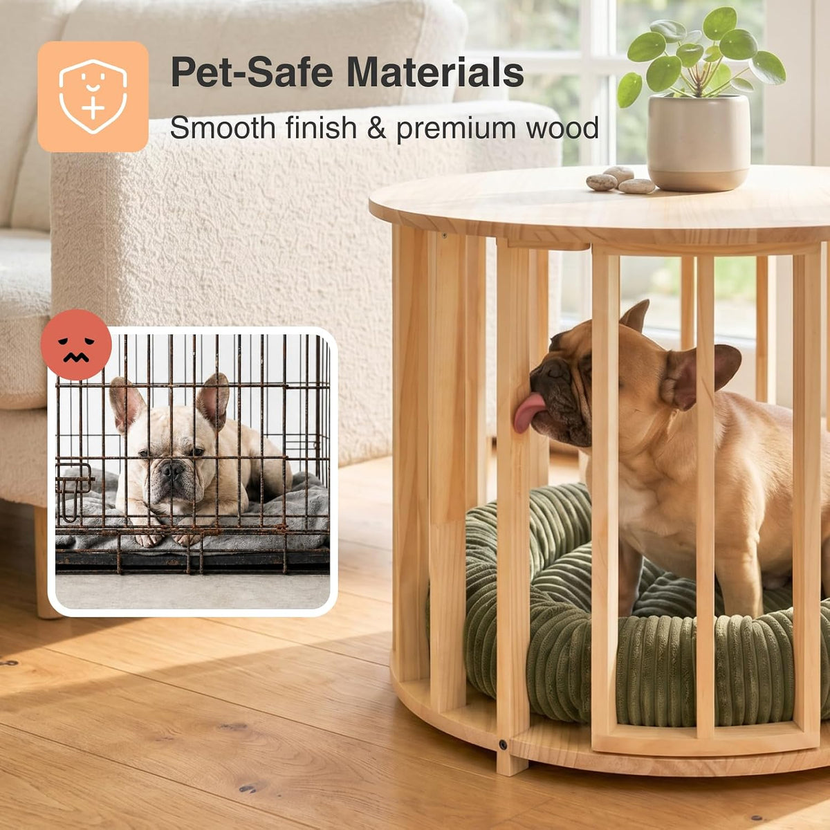 Close side view showing slatted open design of the round pine crate with a dog inside resting on the green donut bed