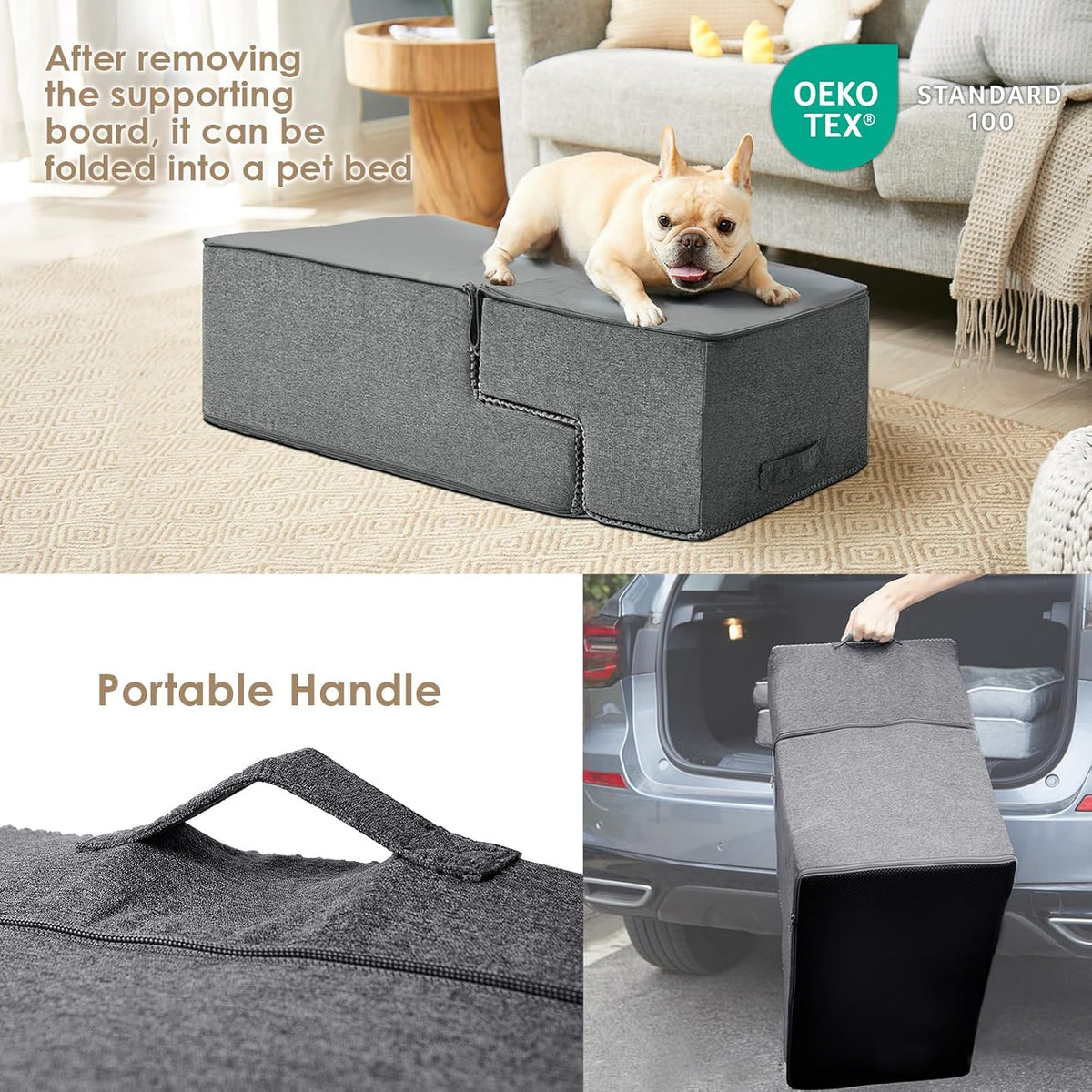 Collage showing folded gray pet steps in a living room, close-up handle and a person carrying the steps into a car