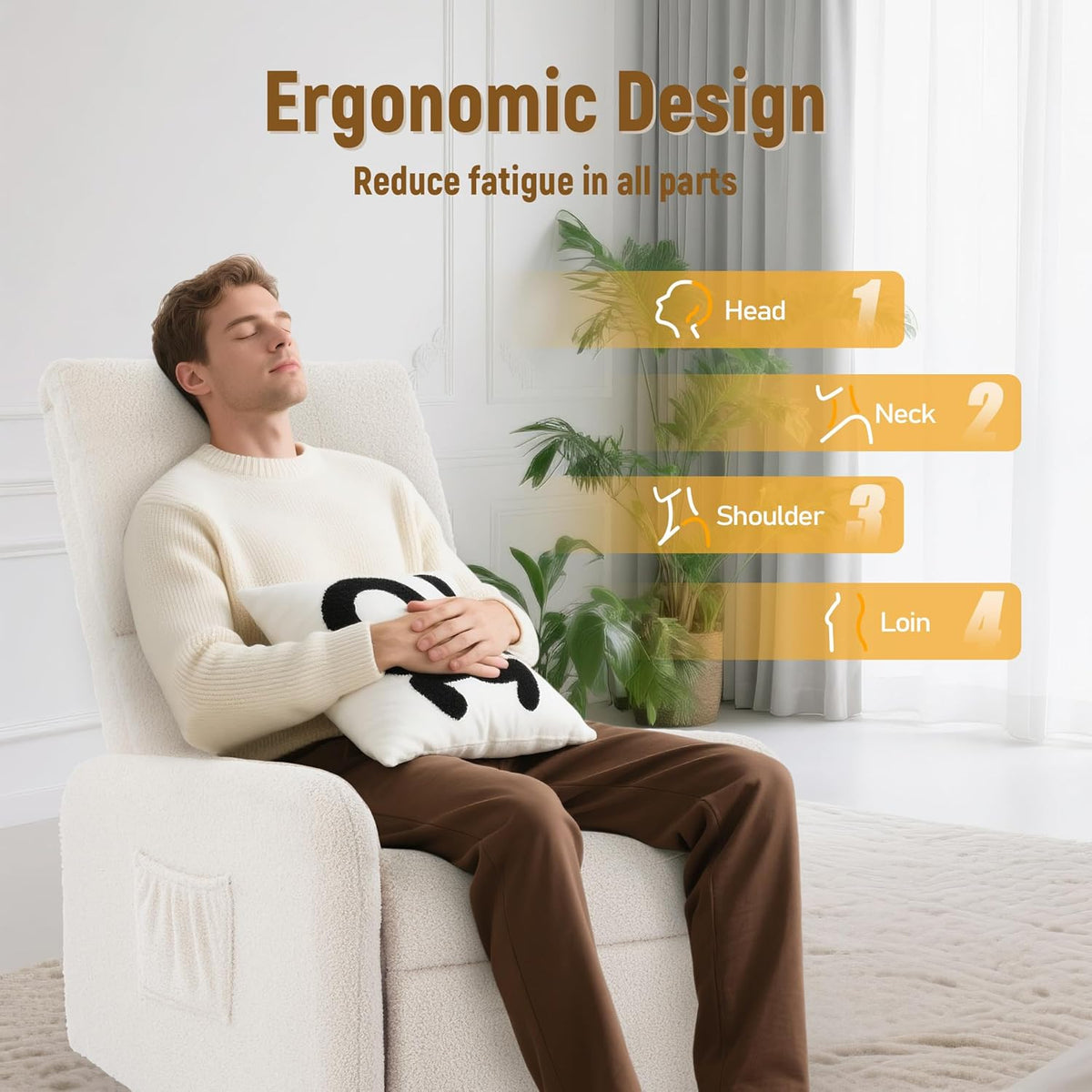 Man sitting relaxed in the cream rocker holding a pillow, with graphics highlighting head, neck, shoulder and loin support.