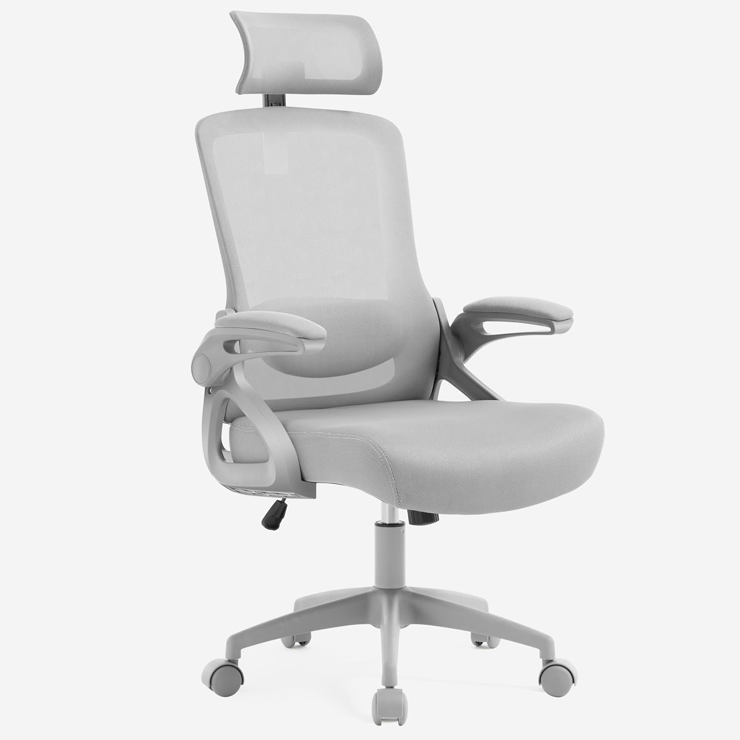 Light-gray high-back mesh office chair shown front-right on white background with headrest and padded seat.