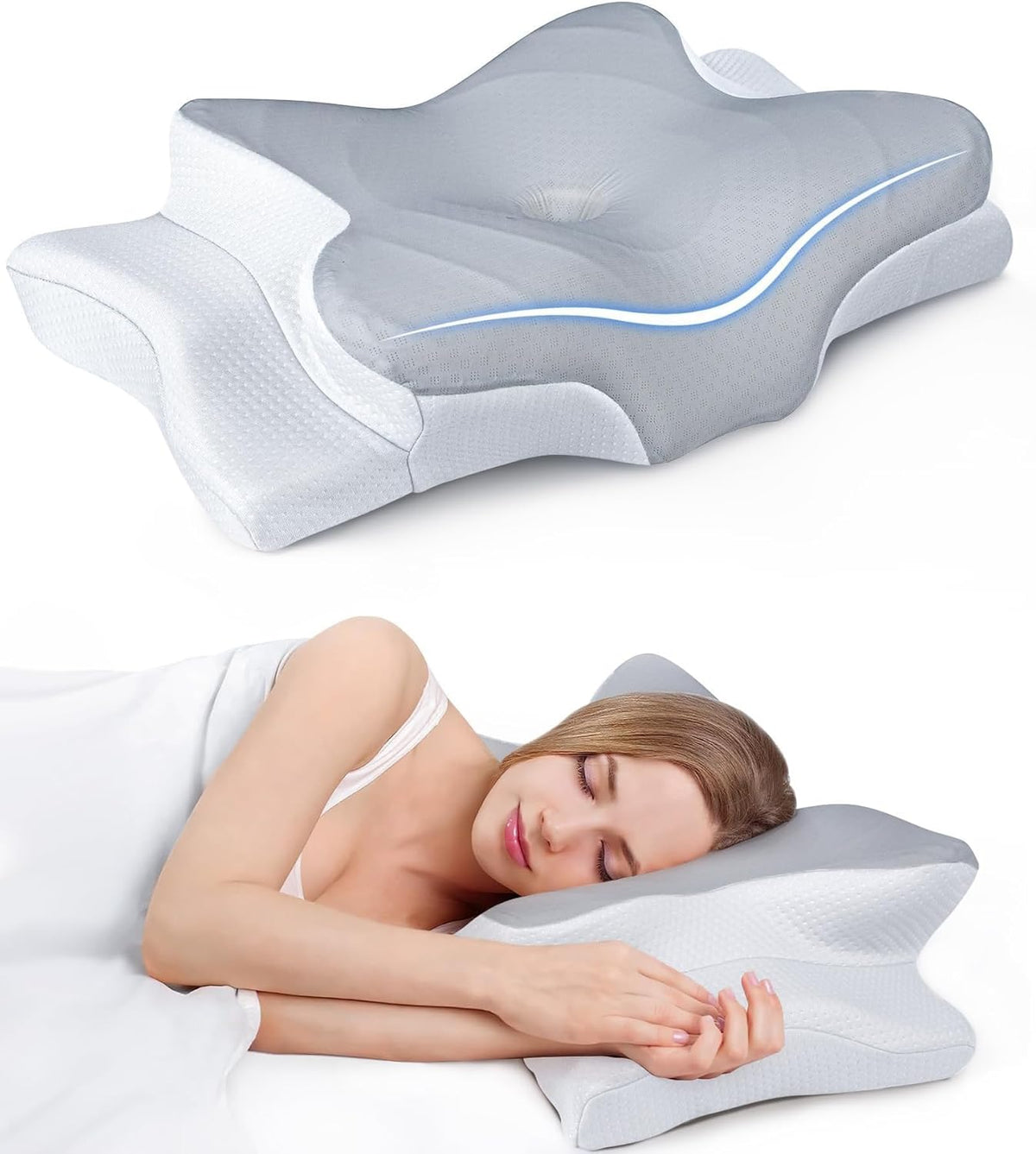 Three-quarter view of the gray-and-white contoured pillow beside a sleeping woman, showing the textured cover.