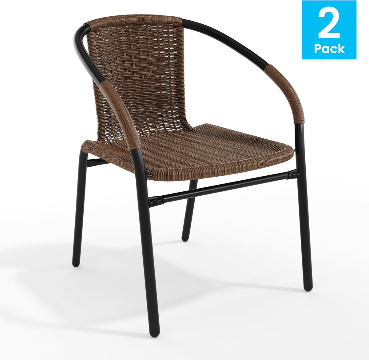 Single brown rattan dining chair angled on a white background with a small '2 Pack' badge in the corner
