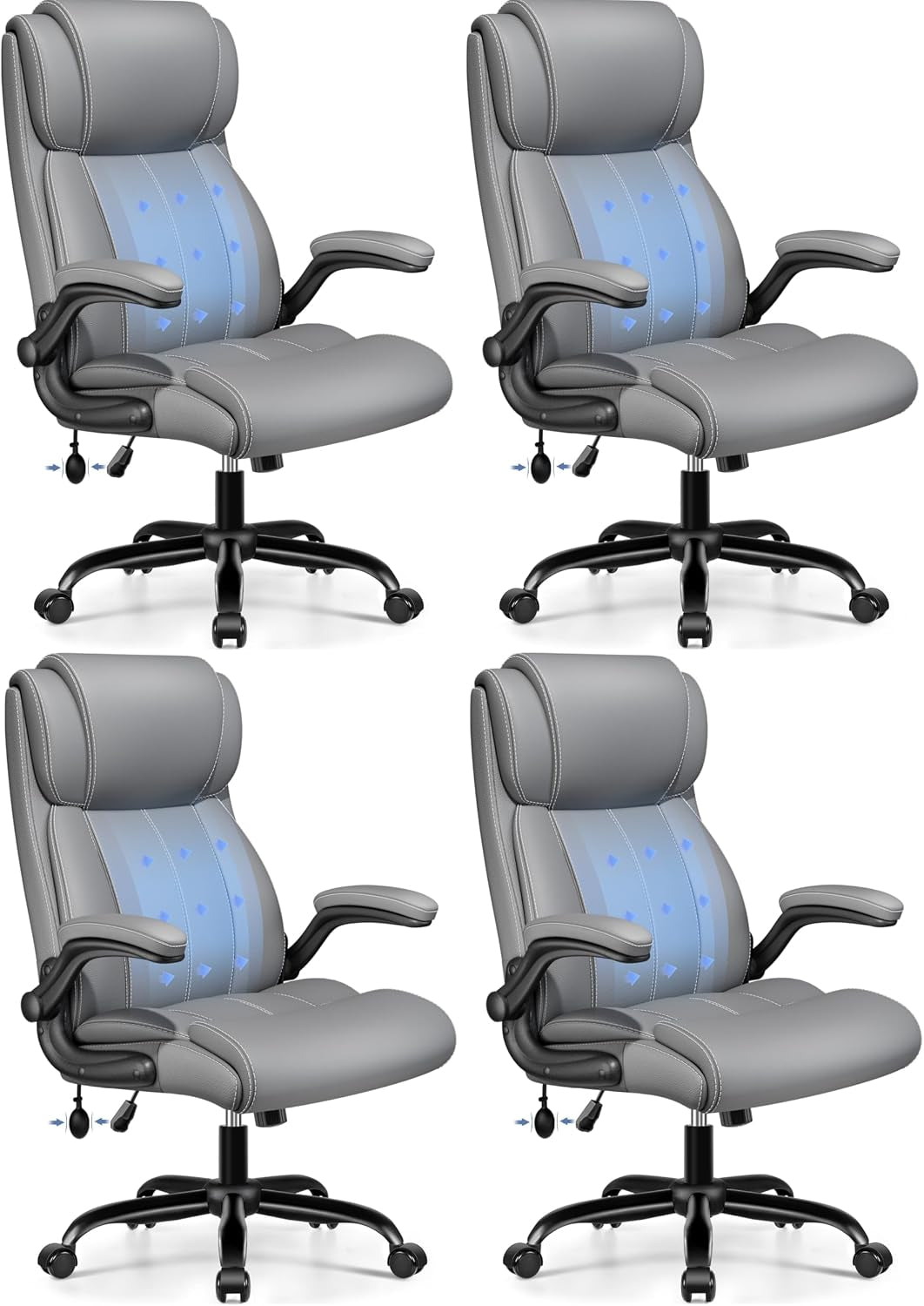 Six light gray PU leather office chairs in a 3x2 layout highlighting stitched seams and blue lumbar arrows.