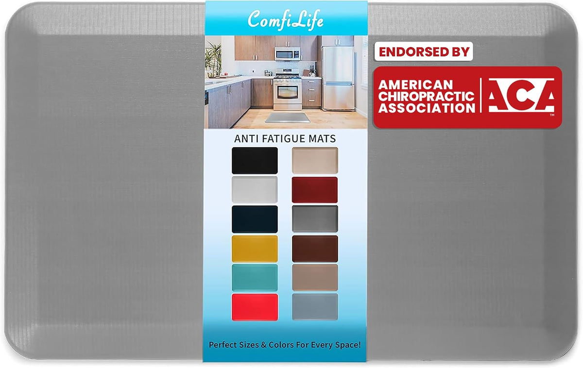 light gray rectangular anti-fatigue mat with center label band showing color choices and endorsement badge