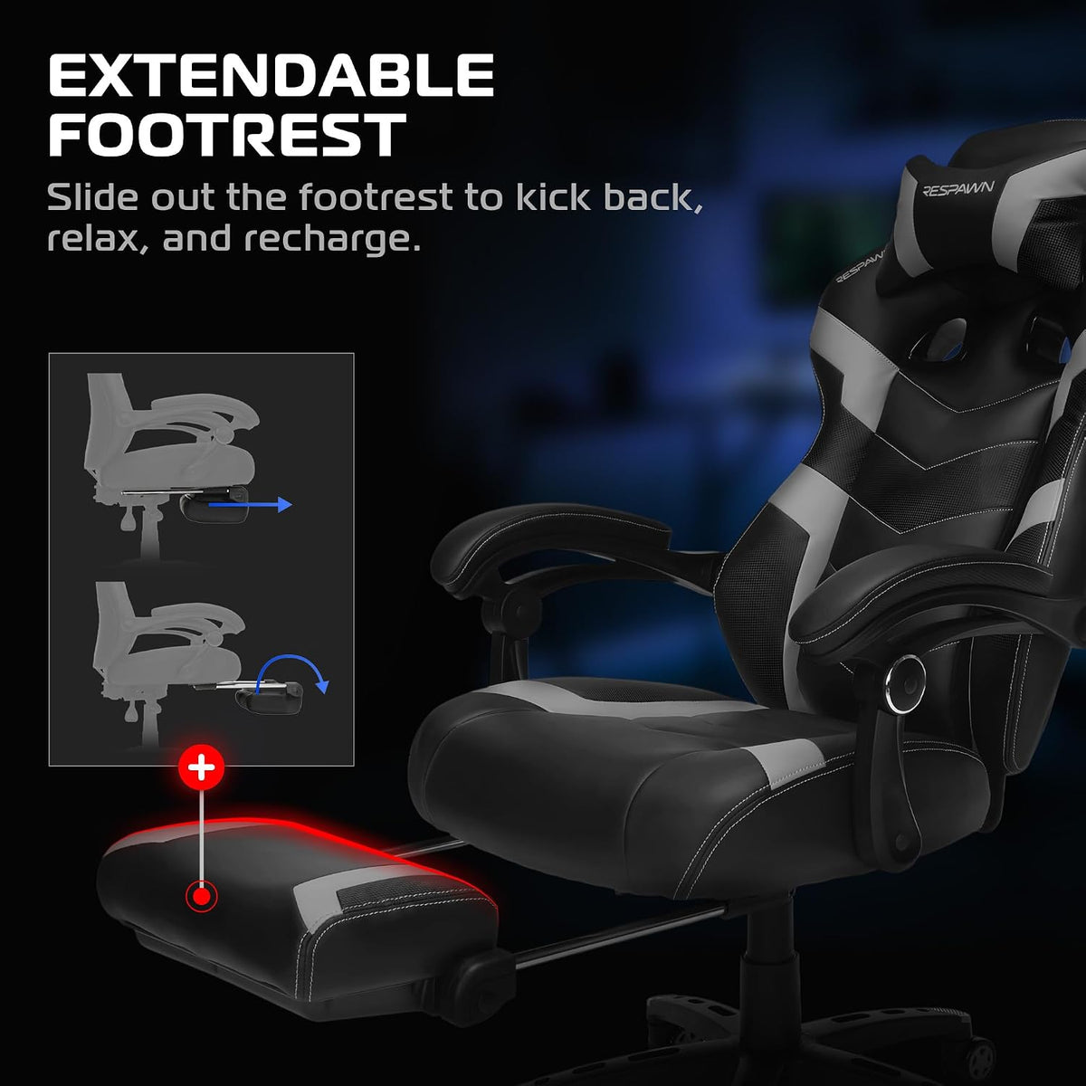 Close-up of extendable footrest and multi-point bracket with a red highlight and arrow on the chair