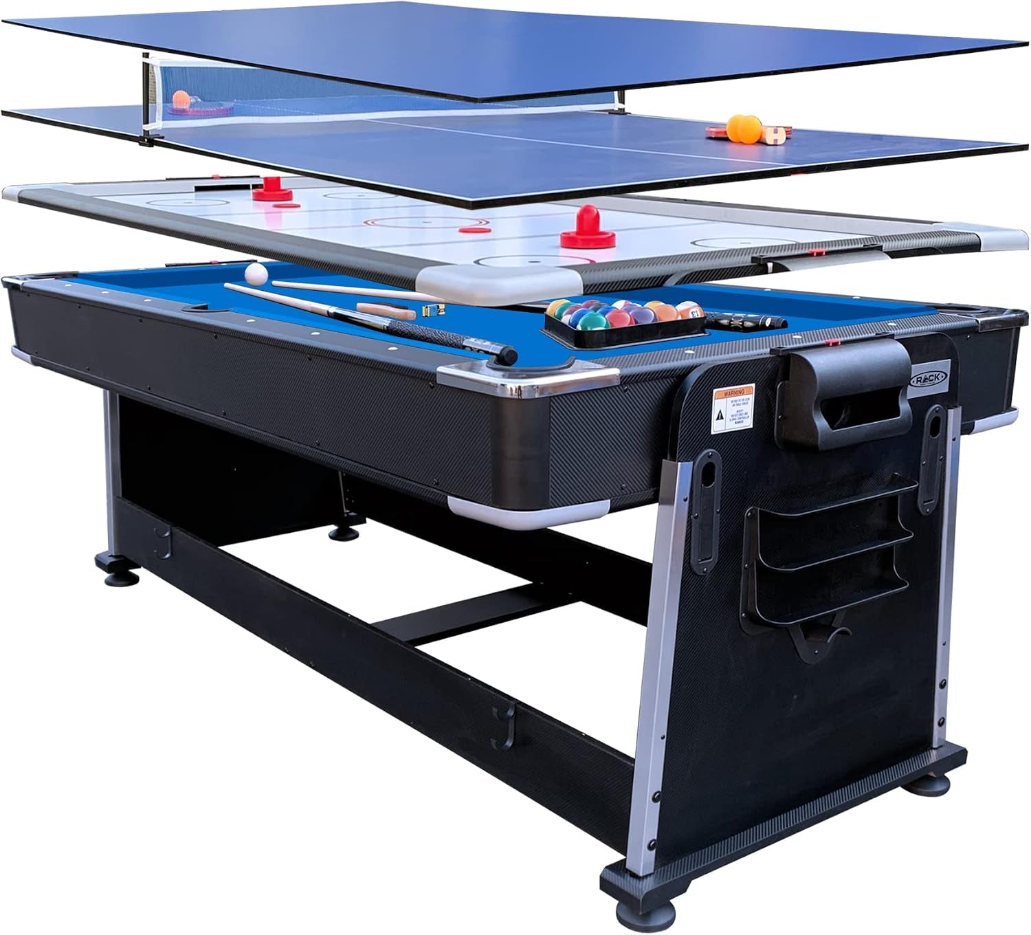 Angled side view of the black 7-foot table with blue-felt pool surface, cues and balls