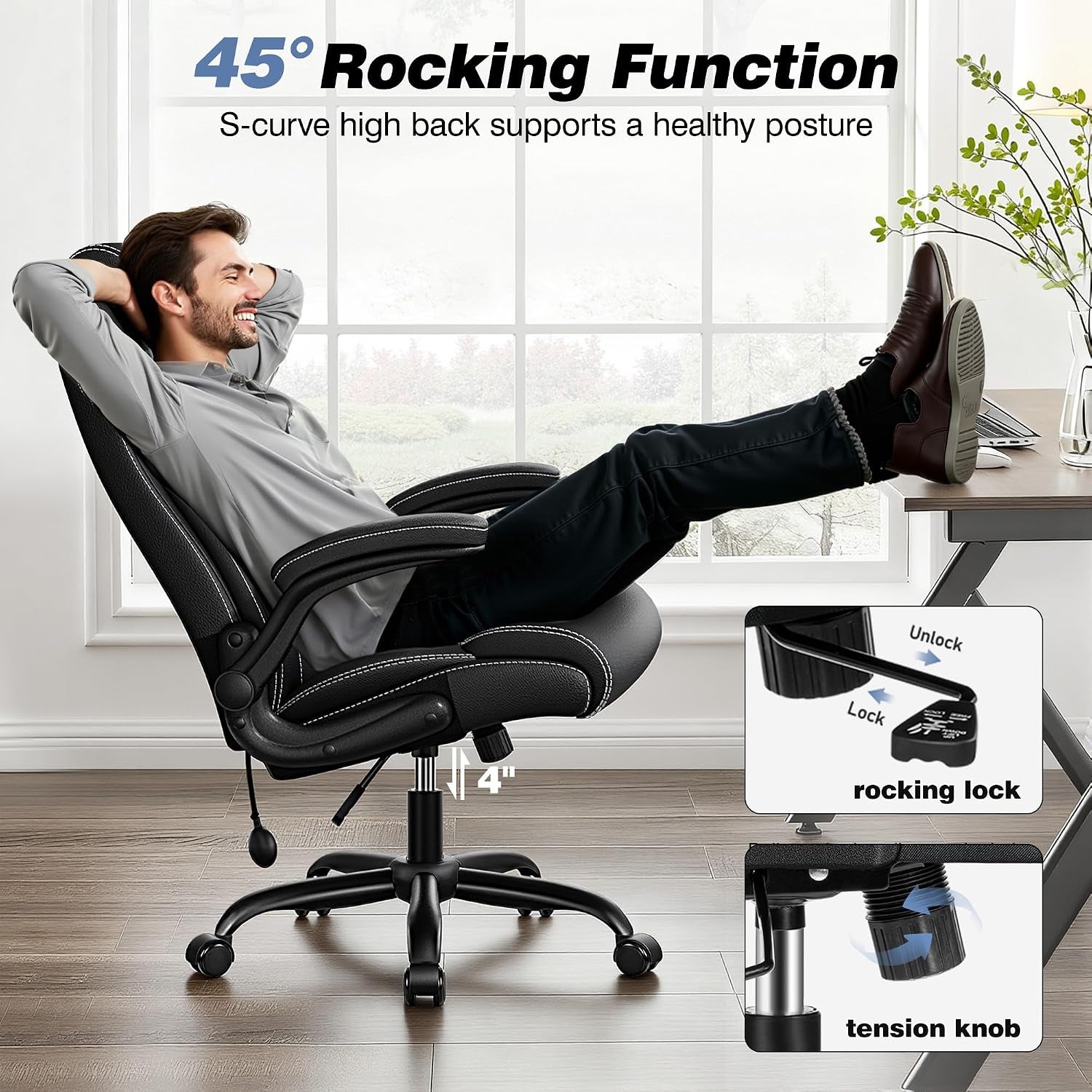 Side view of a man leaning back with feet on a desk as the office chair tilts, showing base and adjustment levers.