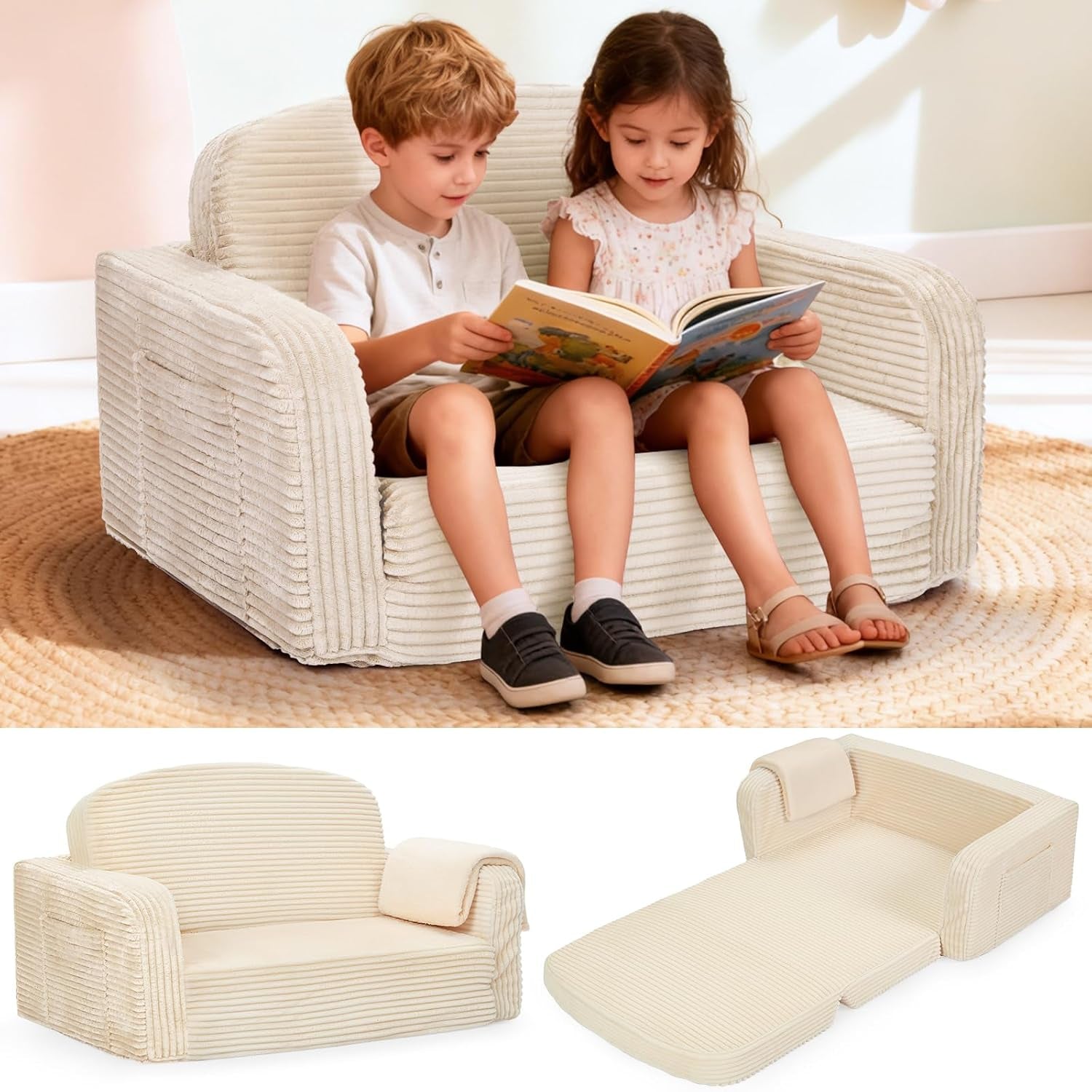 Cream corduroy toddler sofa with two children reading, plus matching sofa and unfolded bed product shots below.