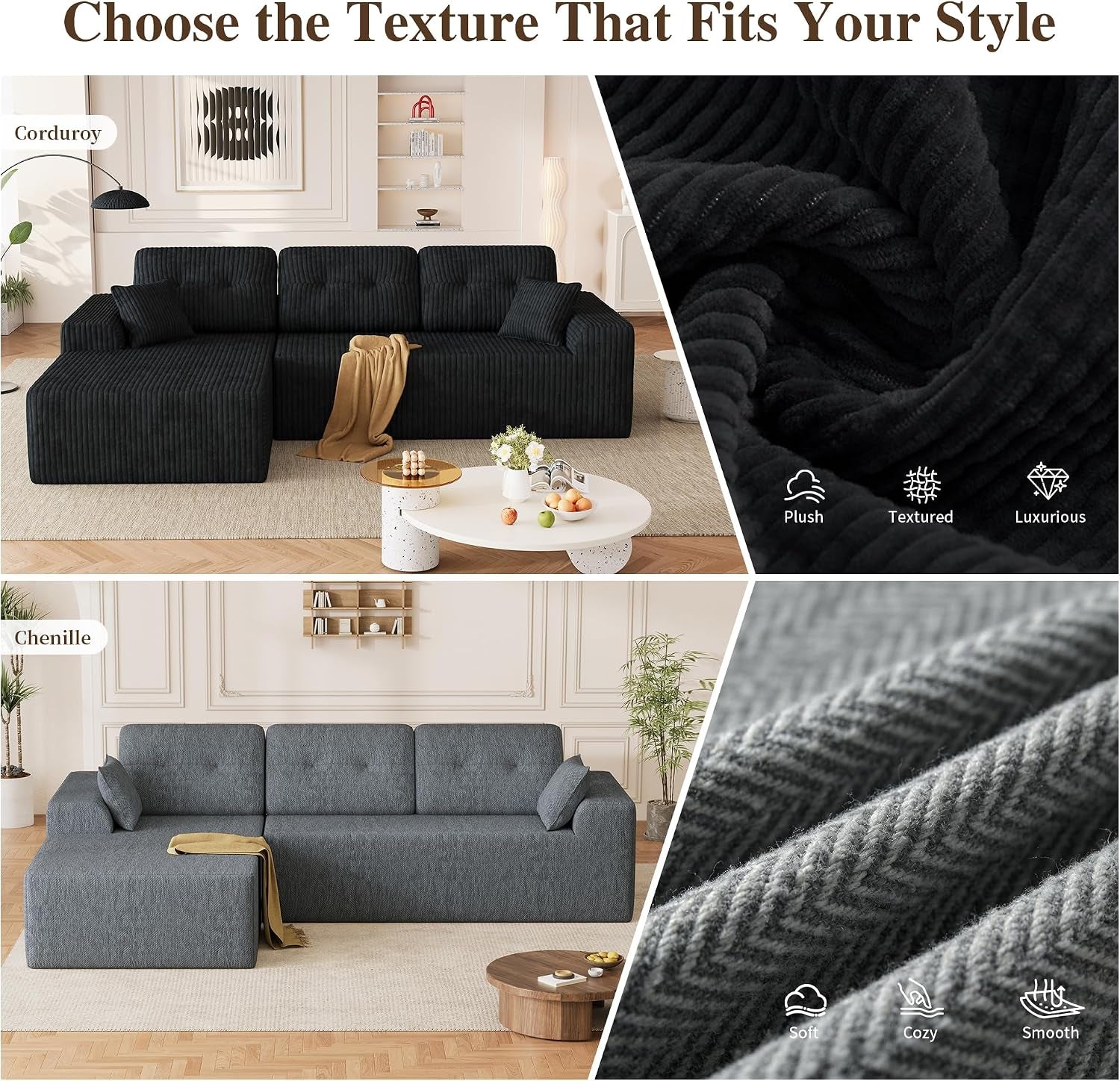 106" Boneless Sectional Sofa, Corduroy Modular L Shaped Couch with Deep Seat Chaise, Cloud Style Oversized Sectional Couch for Living Room, No Assembly, Left Facing, Black