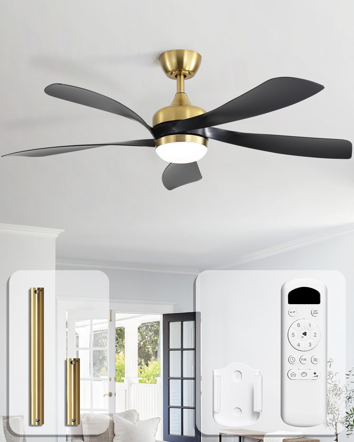 Angled underside view of gold-finished ceiling fan with five black curved blades against a white ceiling and visible crown